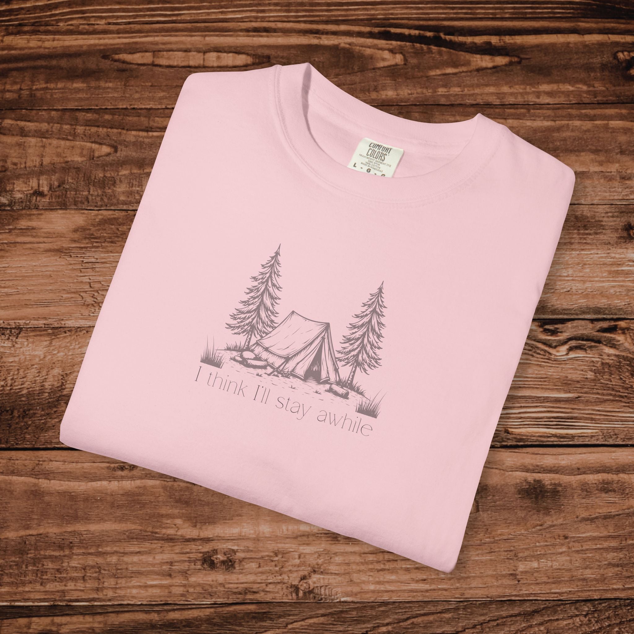 I think I'll stay for awhile, Soft Sketch Camping Tee, Minimal Camping Tent Illustration T-Shirt, Outdoors Tee, Nature Lover Scene Shirt