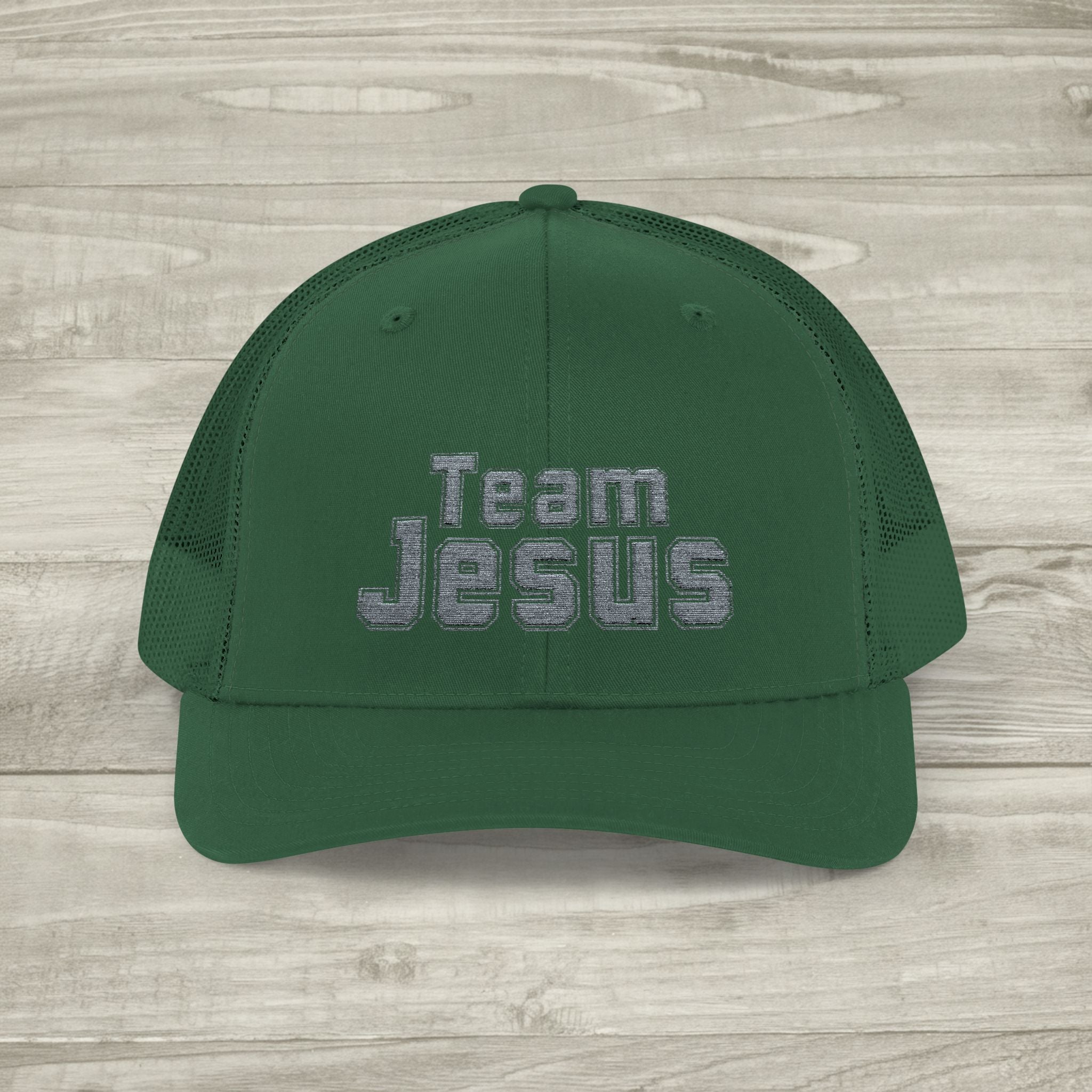 Embroidered Team Jesus Trucker Snapback Hat available in 18 colors