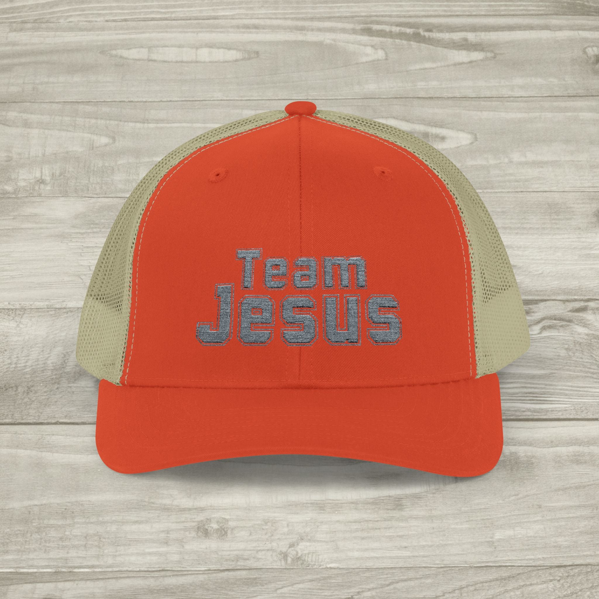 Embroidered Team Jesus Trucker Snapback Hat available in 18 colors
