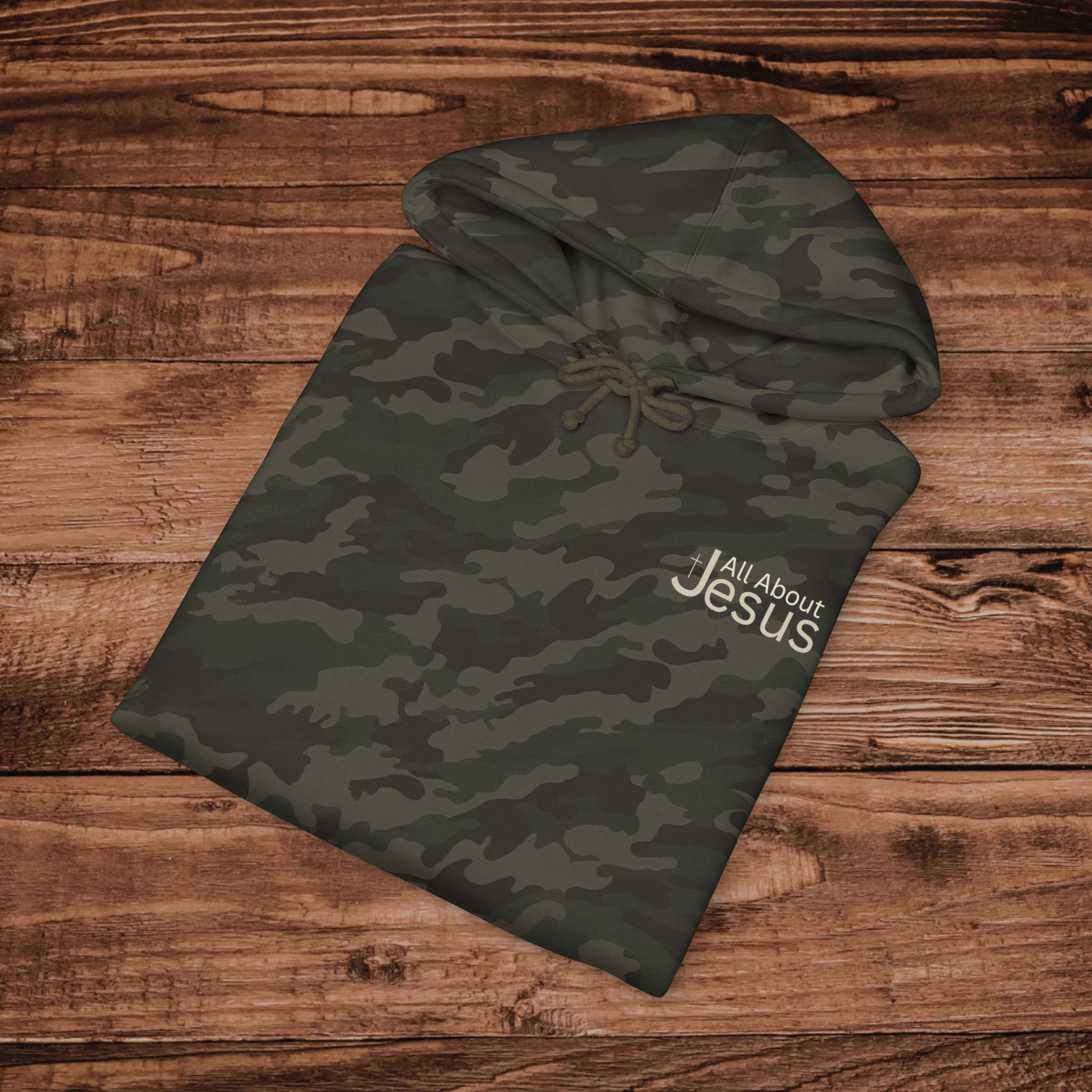 Embroidered Camo All about Jesus Hoodie, Christian Sweatshirt, Premium Heavyweight Faith Pullover, Outdoorsmen, Aesthetic Camouflage Hoodie