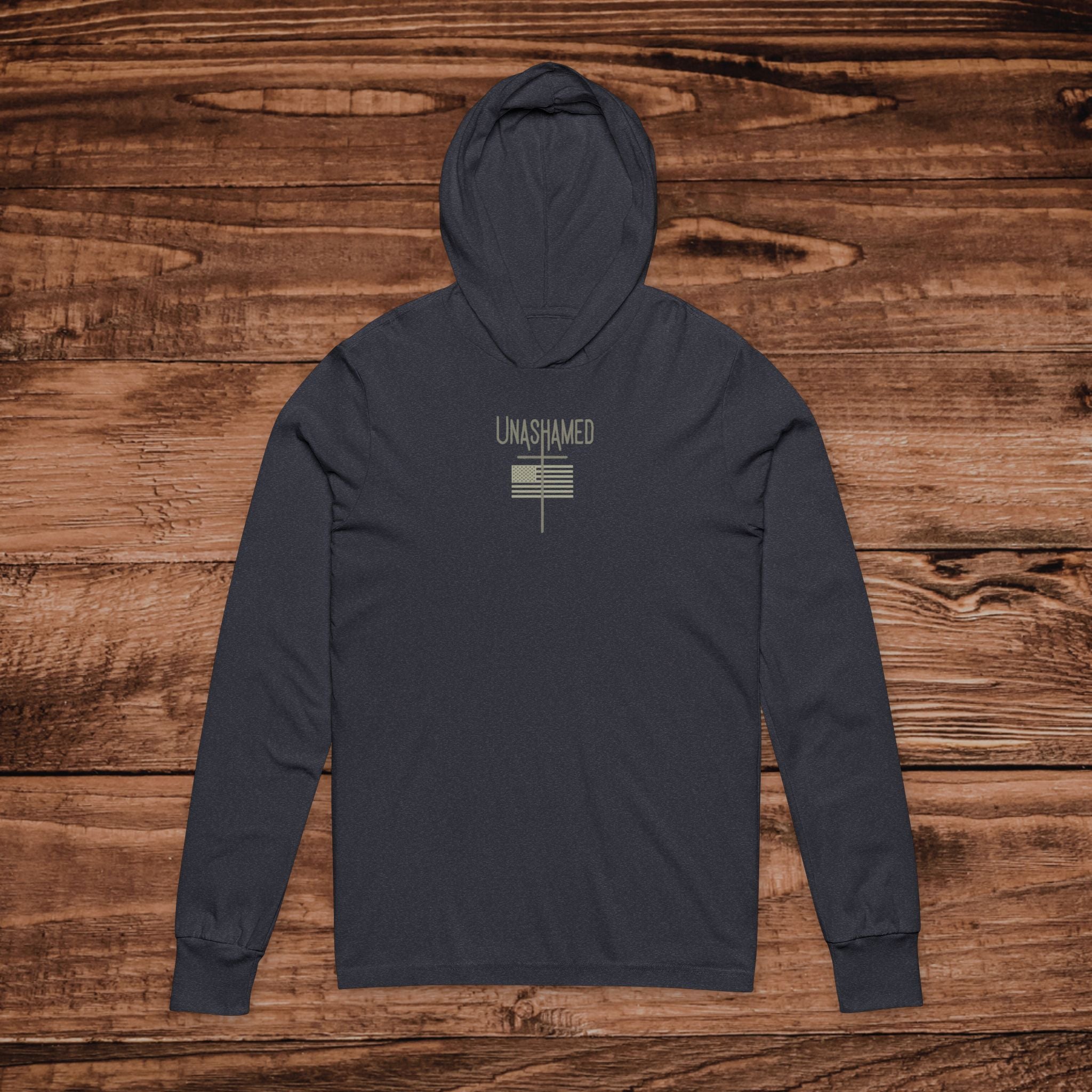 UNASHAMED Cross American Flag Hoodie Tee | Christian Faith Long Sleeve Hoodie