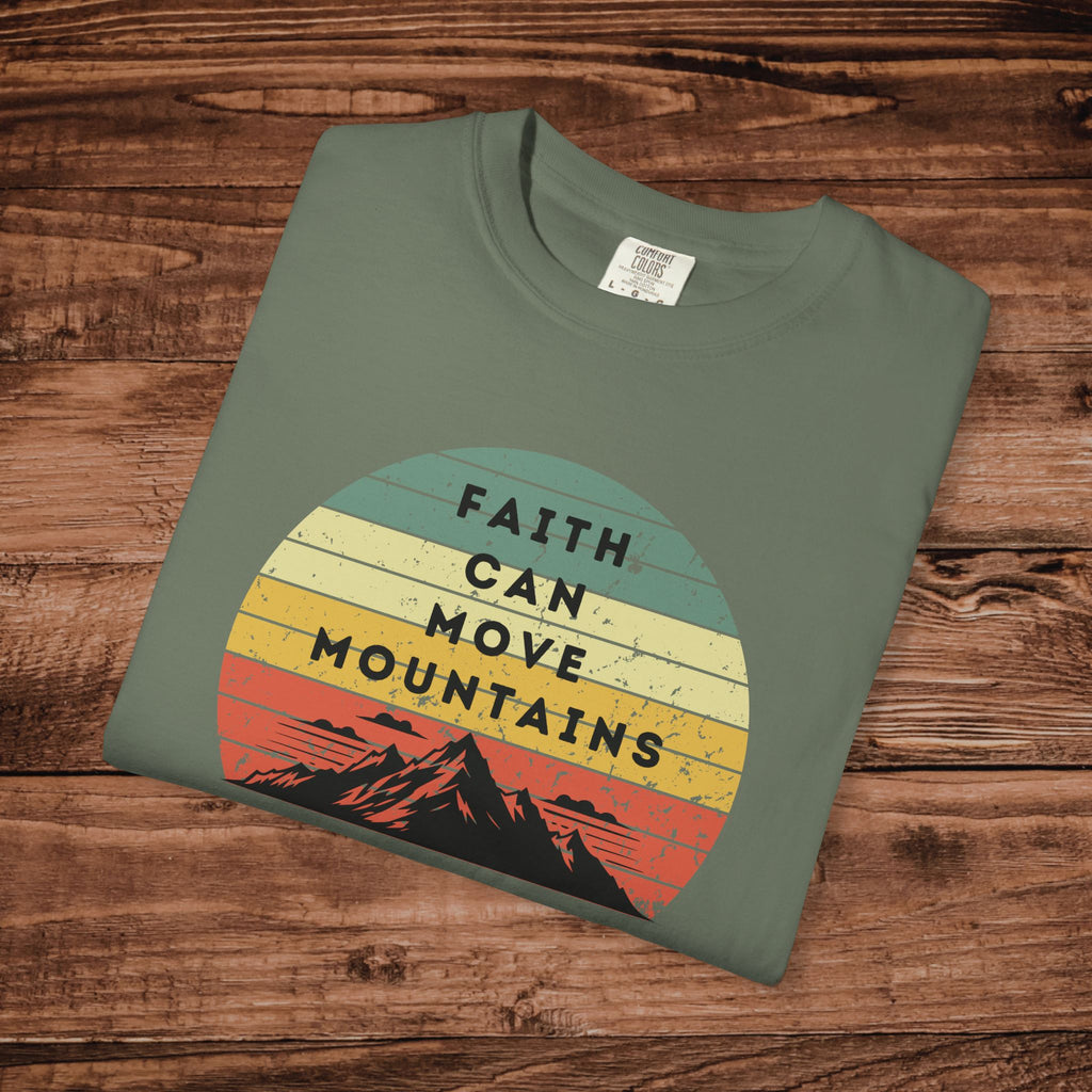 Faith Can Move Mountains tshirt Vintage Sunset Mountain Graphic 100% ring-spun US cotton