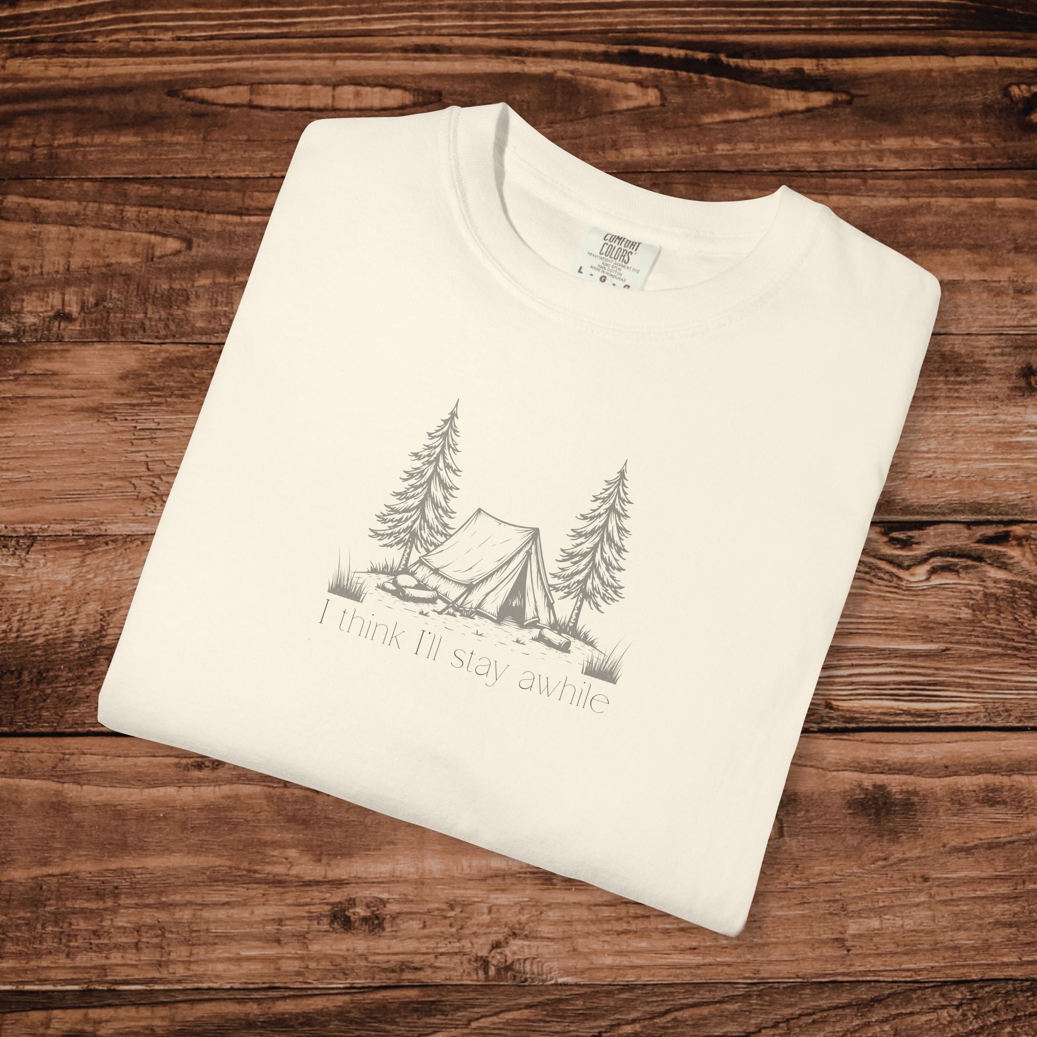 I think I'll stay for awhile, Soft Sketch Camping Tee, Minimal Camping Tent Illustration T-Shirt, Outdoors Tee, Nature Lover Scene Shirt