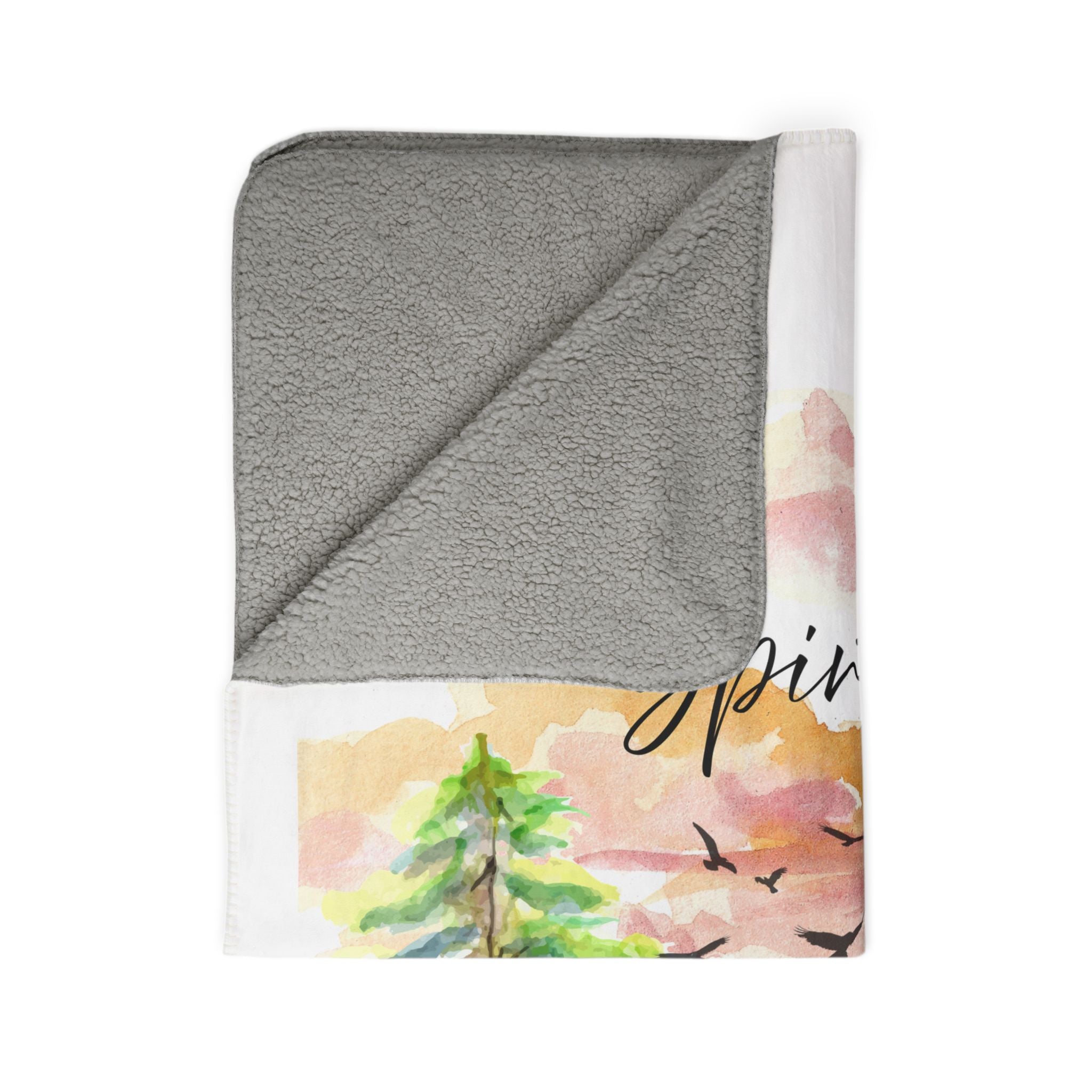 Spirit Lead Me Fleece Sherpa Blanket | Watercolor Pines, Birds, Sunset