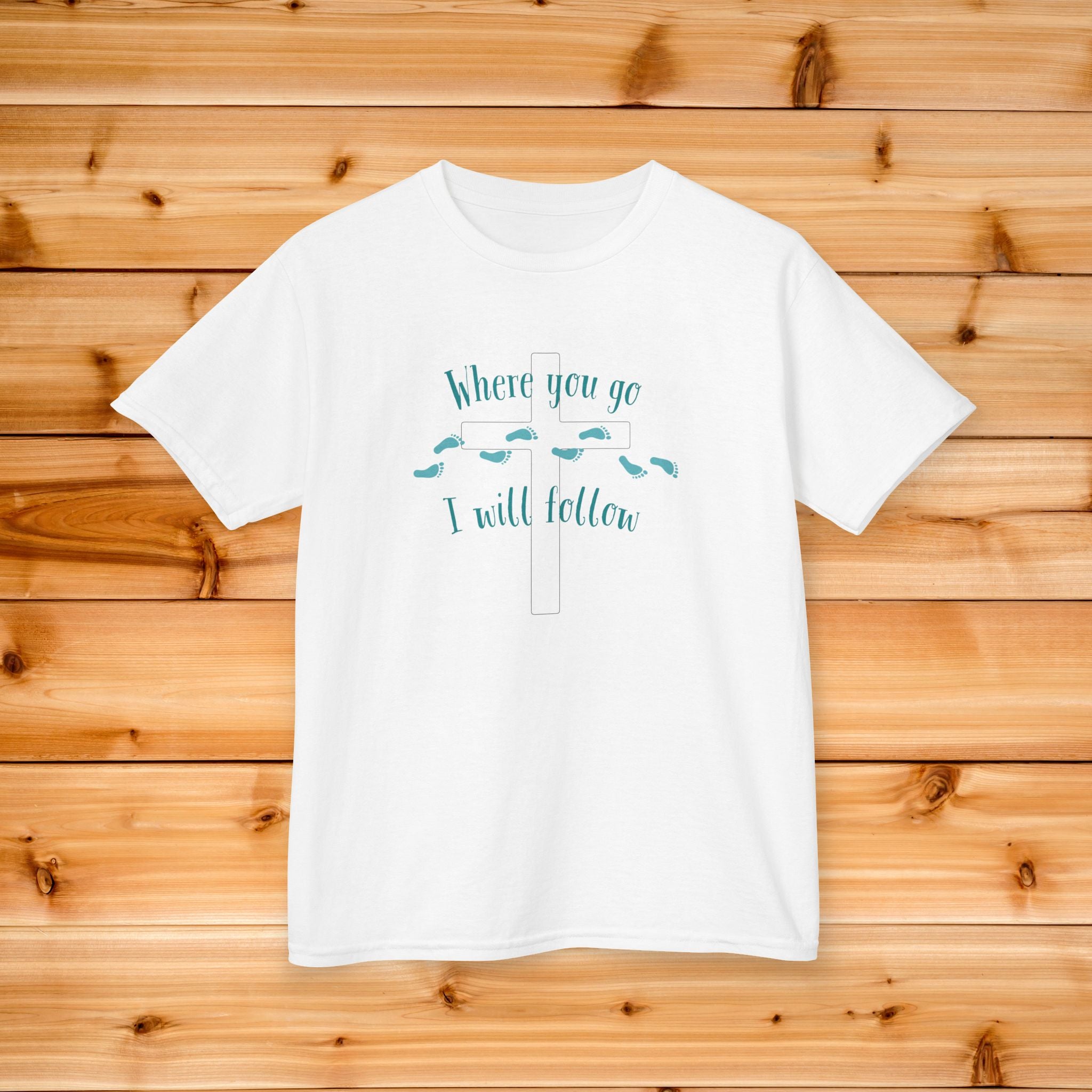 Kids Where You Go I Will Follow Tee, Youth Graphic Tshirt, Footprints design, Christian Kids Tee, Summer Camp Kids tshirt, Follow Jesus Tee