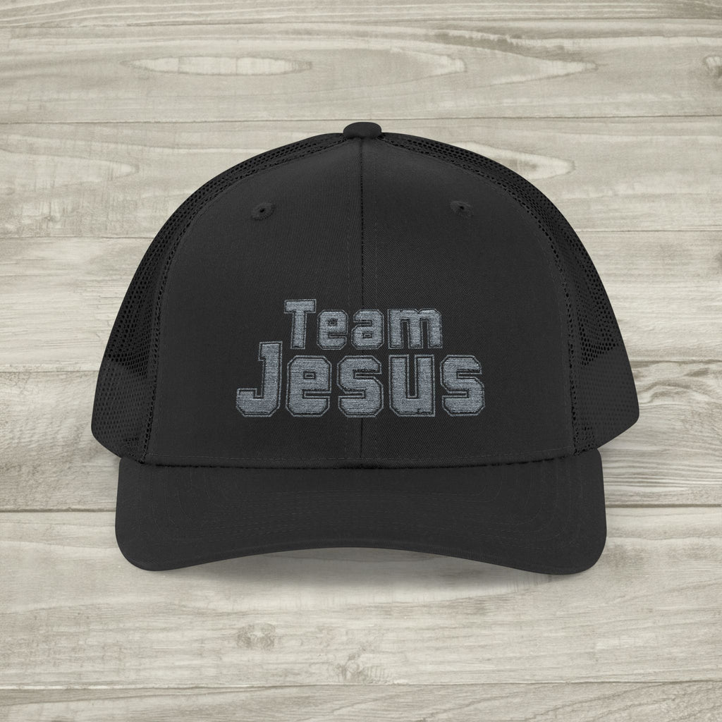 Embroidered Team Jesus Trucker Snapback Hat available in 18 colors