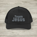 Embroidered Team Jesus Trucker Snapback Hat available in 18 colors