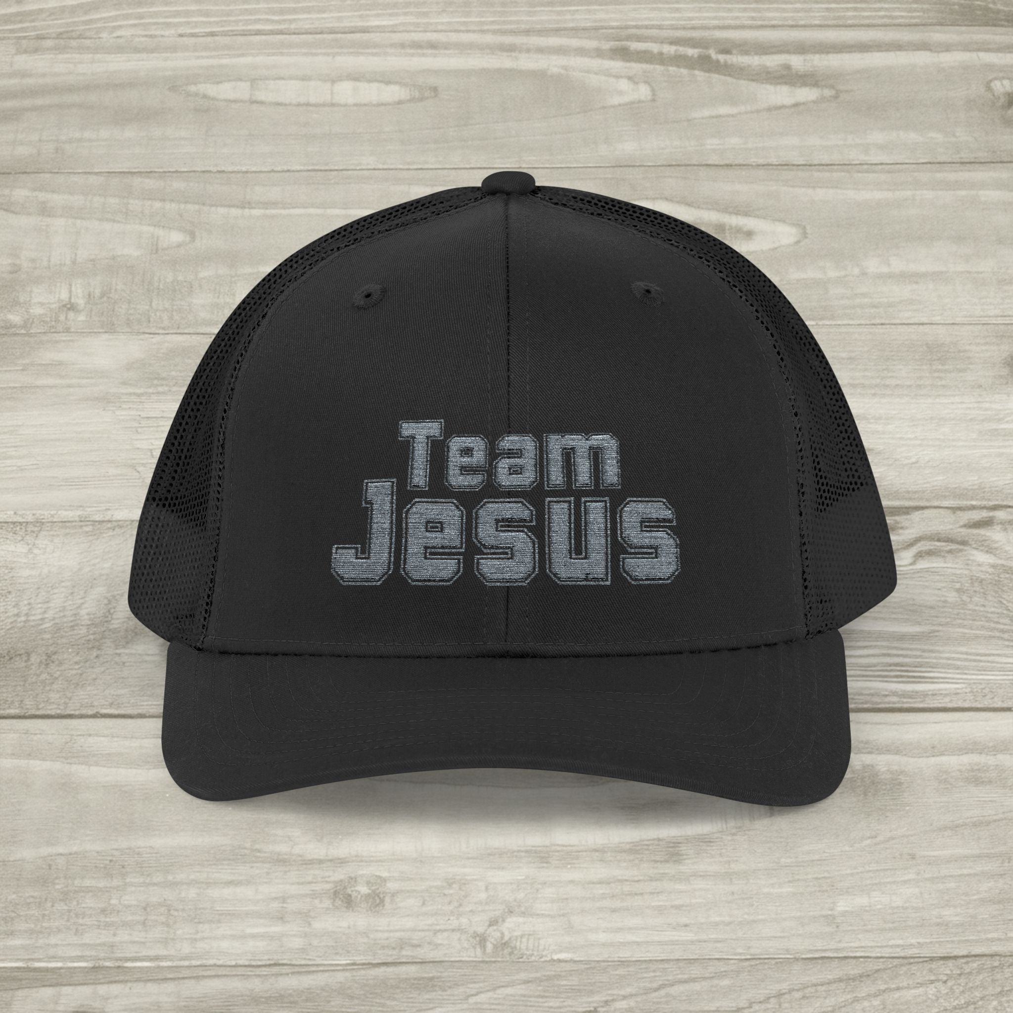 Embroidered Team Jesus Trucker Snapback Hat available in 18 colors