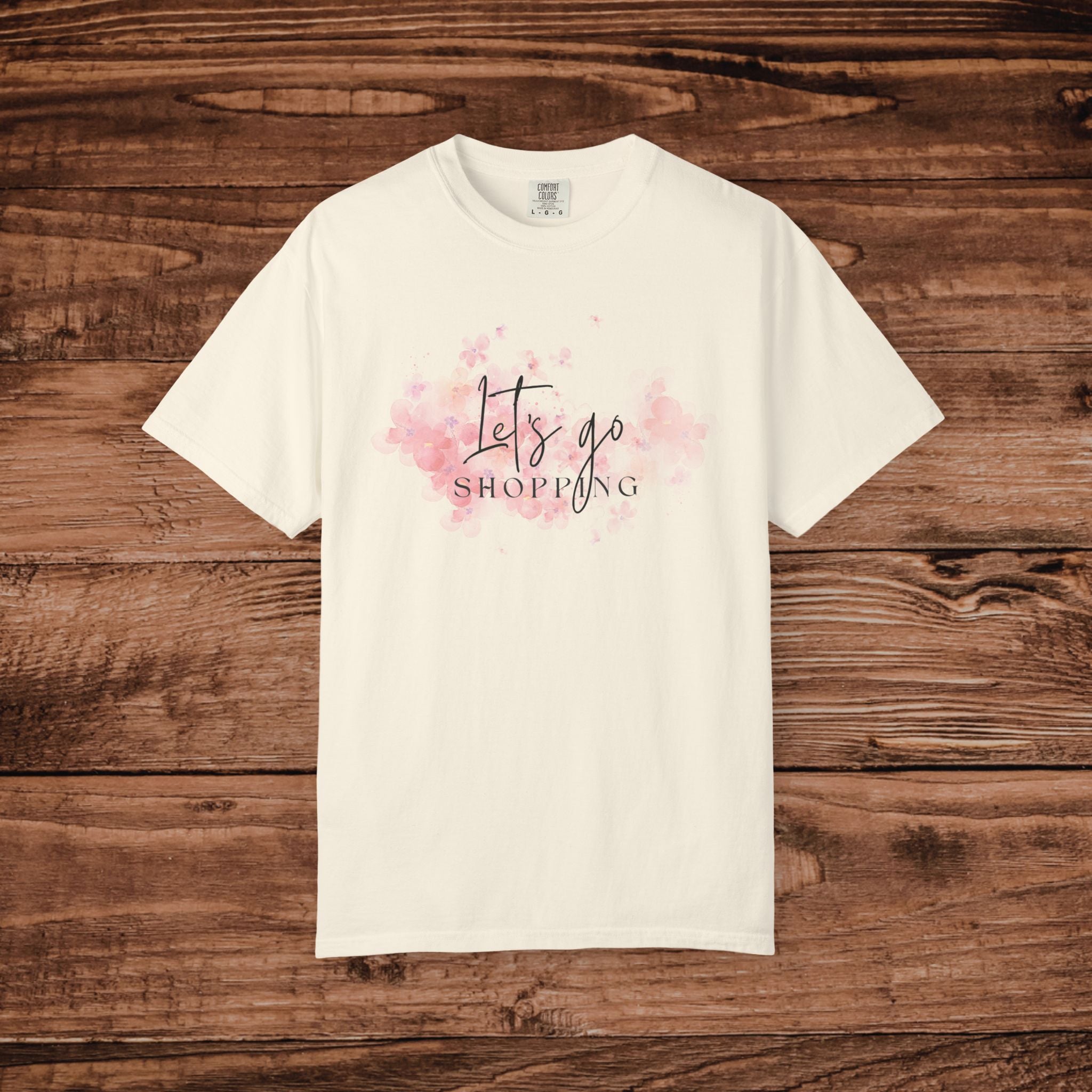 Lets Go Shopping T-shirt | Pink Watercolor Script Tee