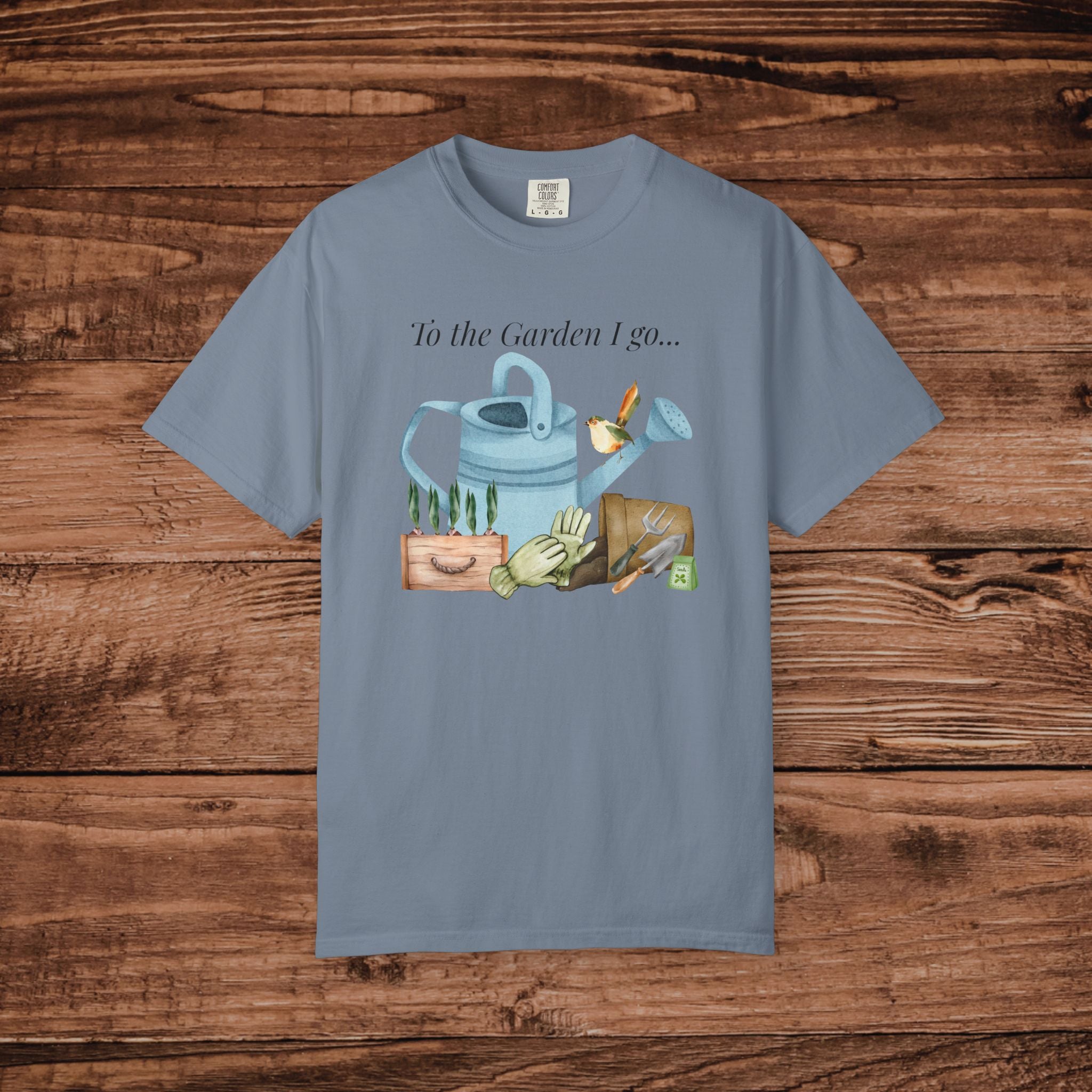 To the Garden I Go watering can illustration T-Shirt | Gardening tee