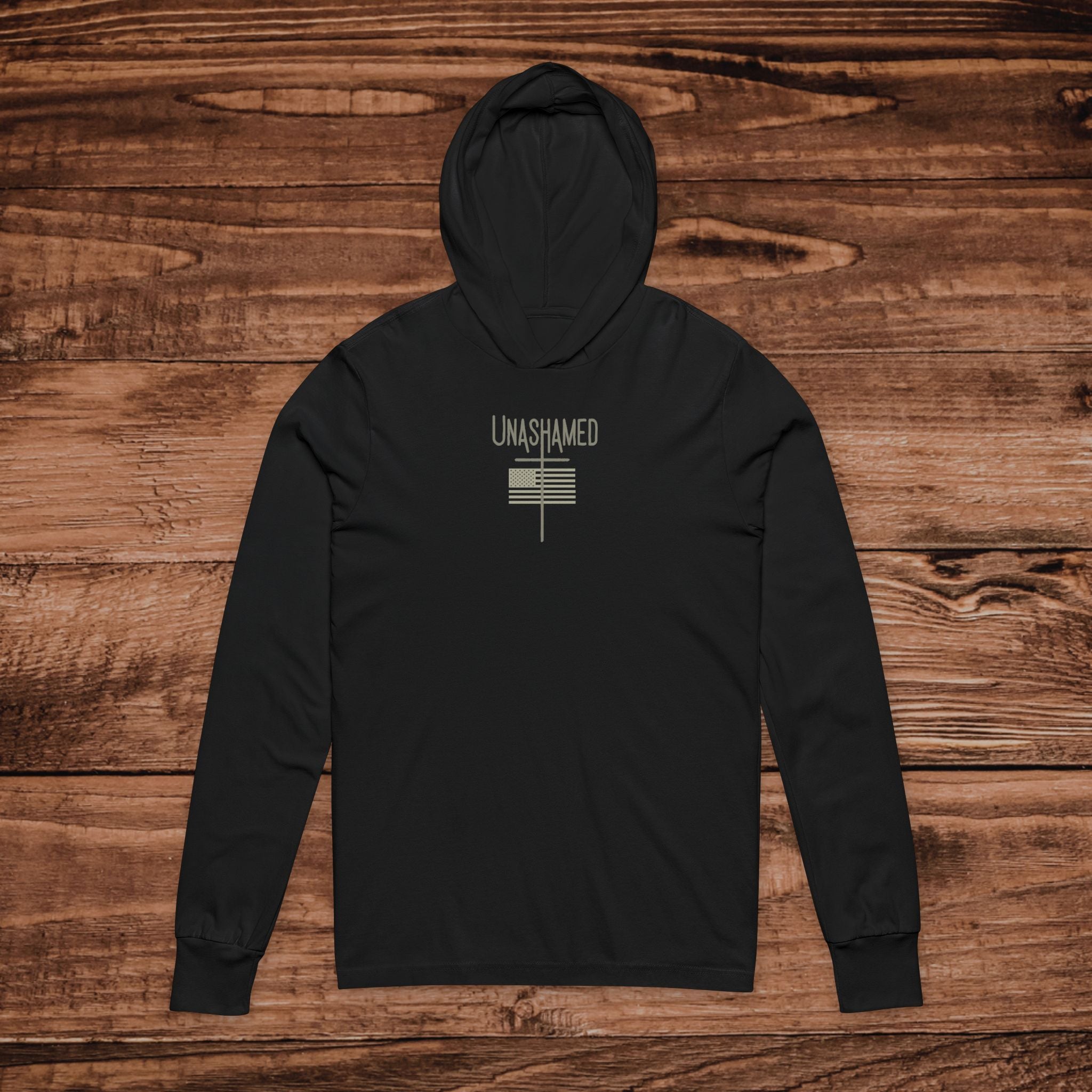 UNASHAMED Cross American Flag Hoodie Tee | Christian Faith Long Sleeve Hoodie