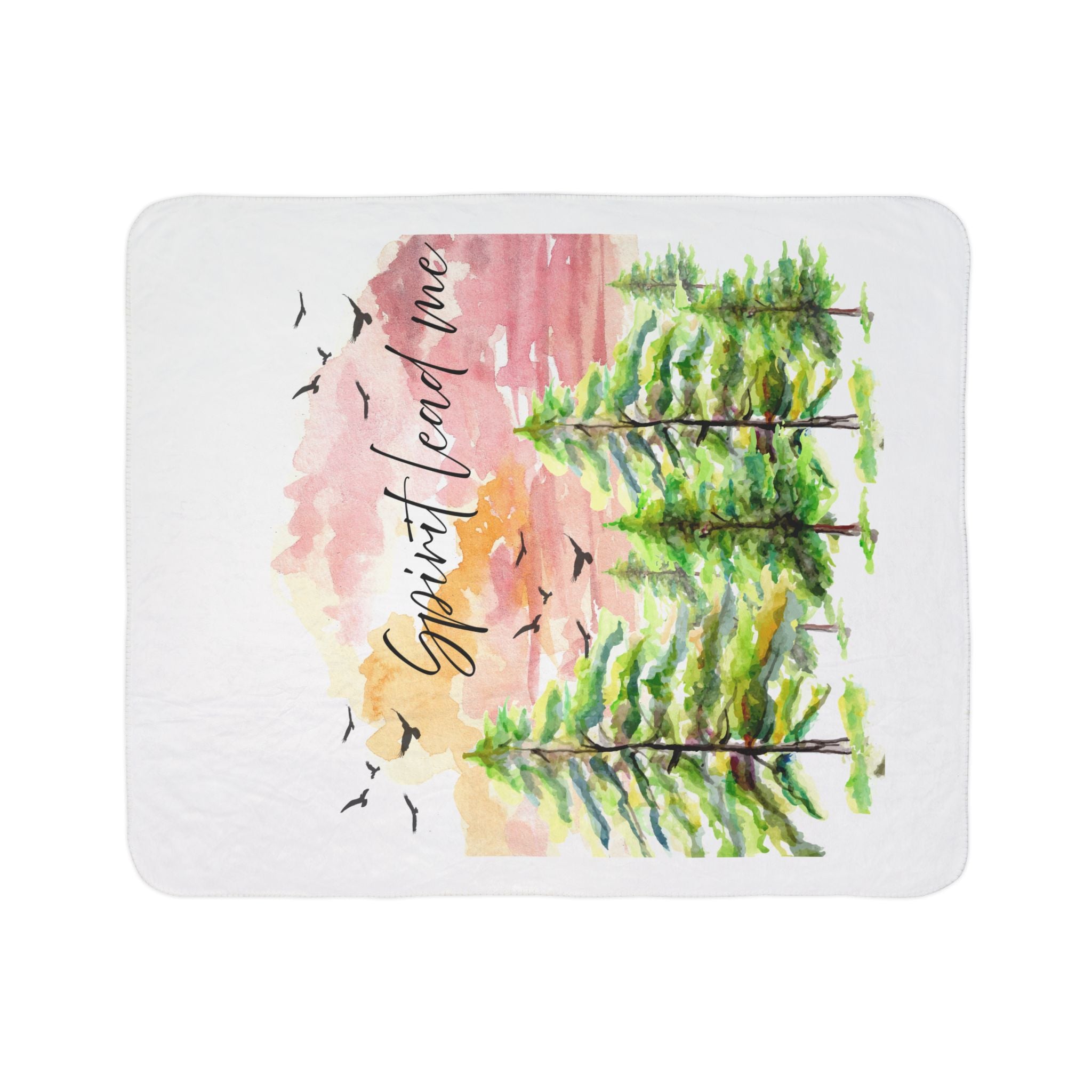 Spirit Lead Me Fleece Sherpa Blanket | Watercolor Pines, Birds, Sunset