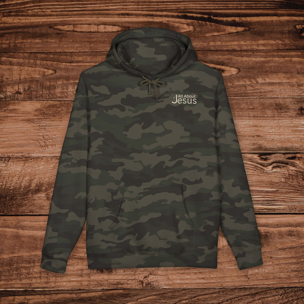 Embroidered Camo All about Jesus Hoodie, Christian Sweatshirt, Premium Heavyweight Faith Pullover, Outdoorsmen, Aesthetic Camouflage Hoodie