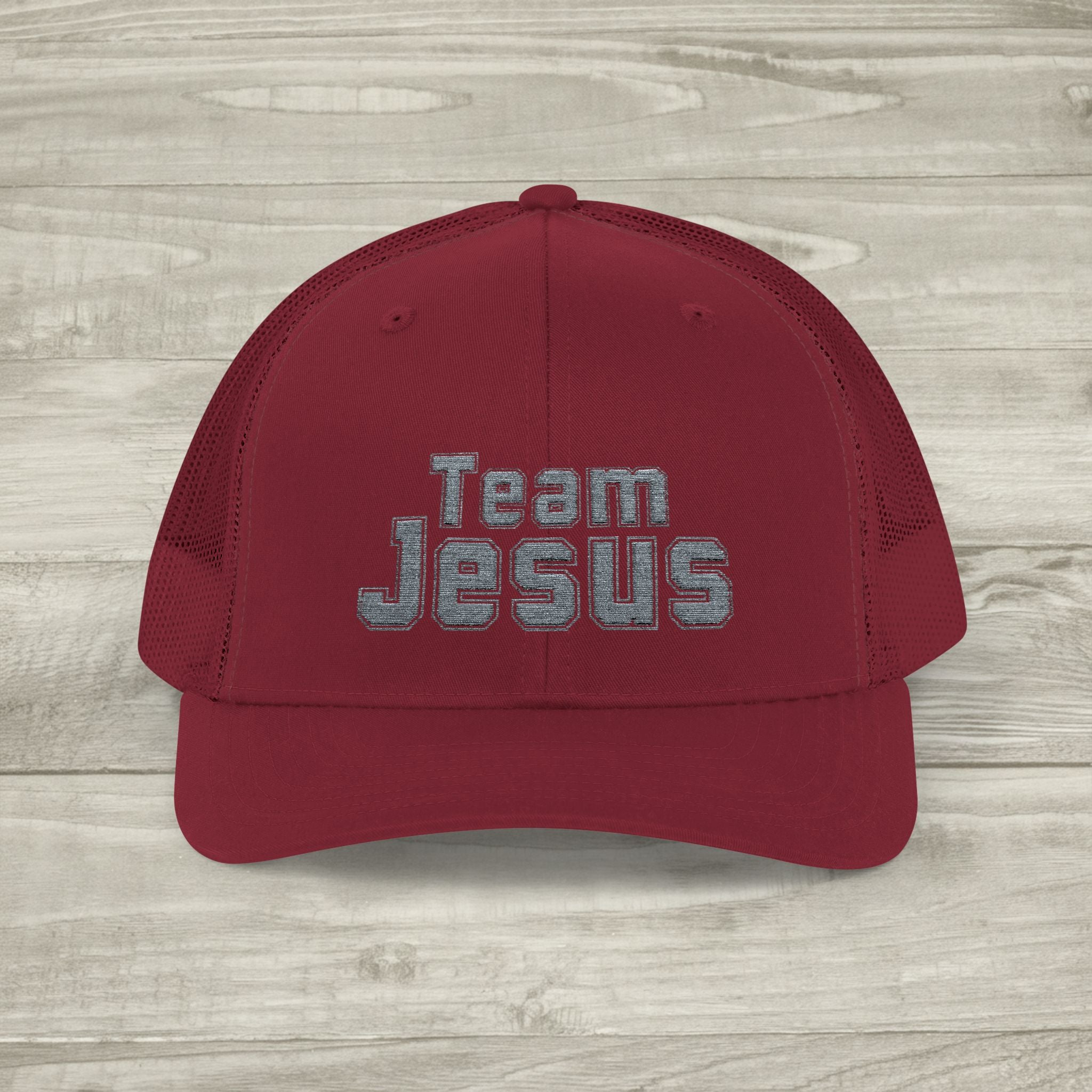 Embroidered Team Jesus Trucker Snapback Hat available in 18 colors