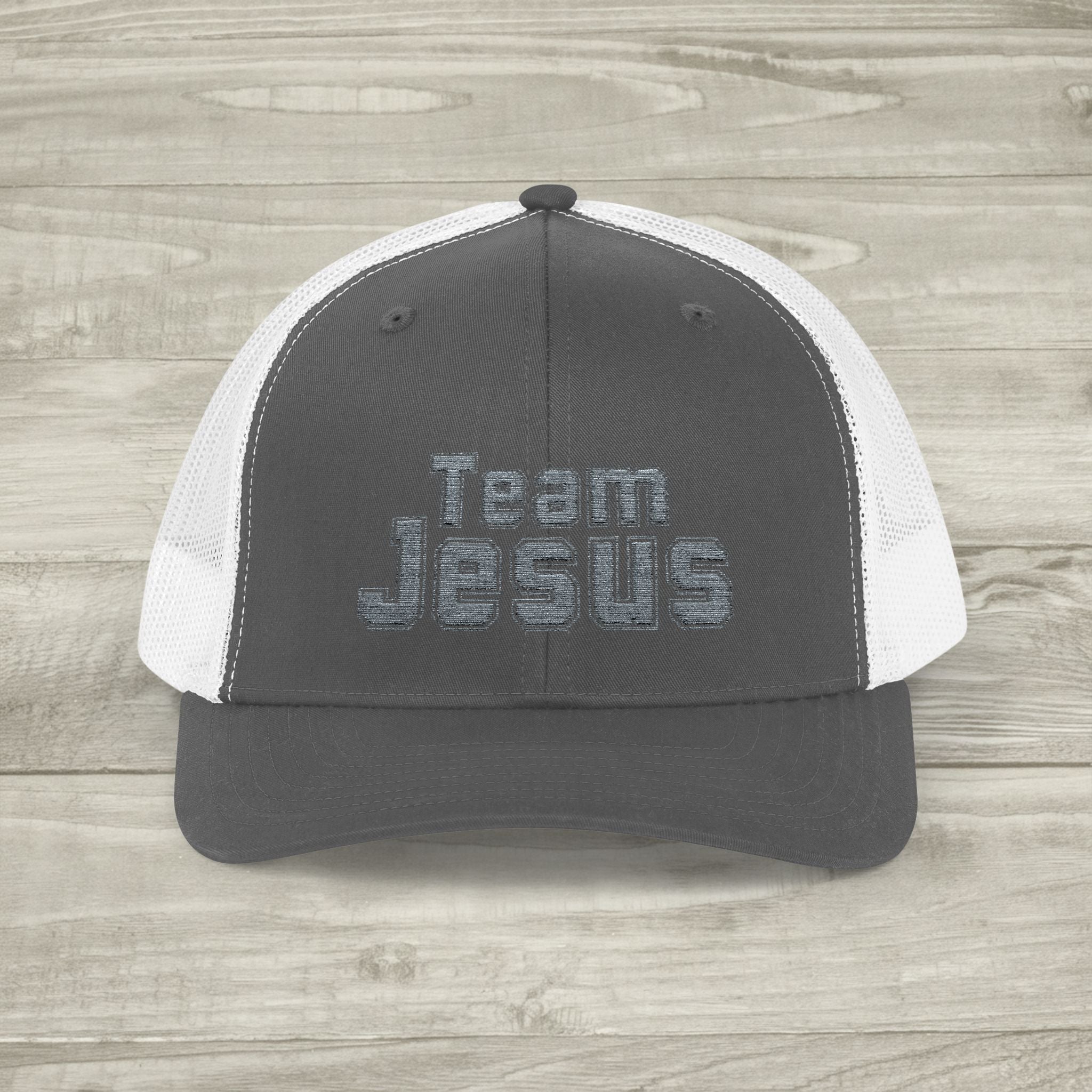 Embroidered Team Jesus Trucker Snapback Hat available in 18 colors