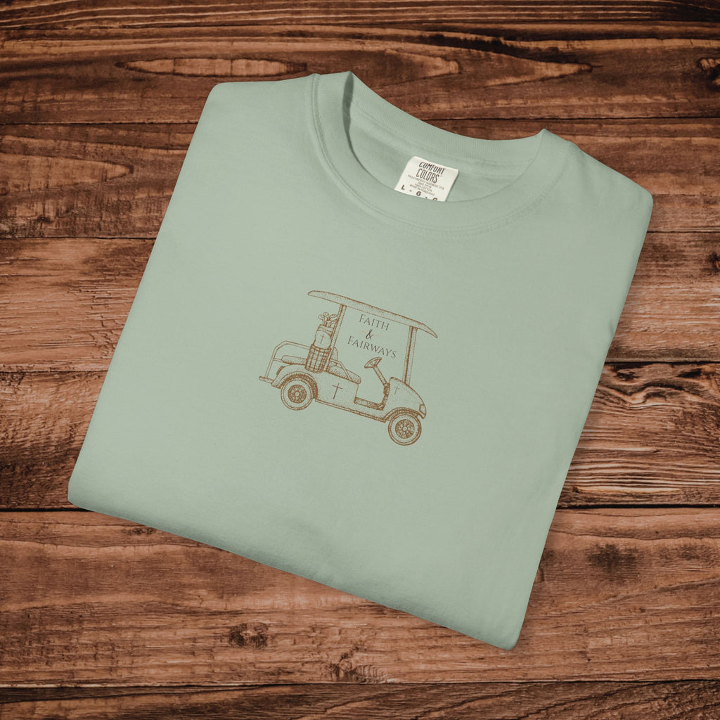 Faith and Fairways Vintage Golf Cart T-Shirt | Minimal Line Art, Country Club Tee