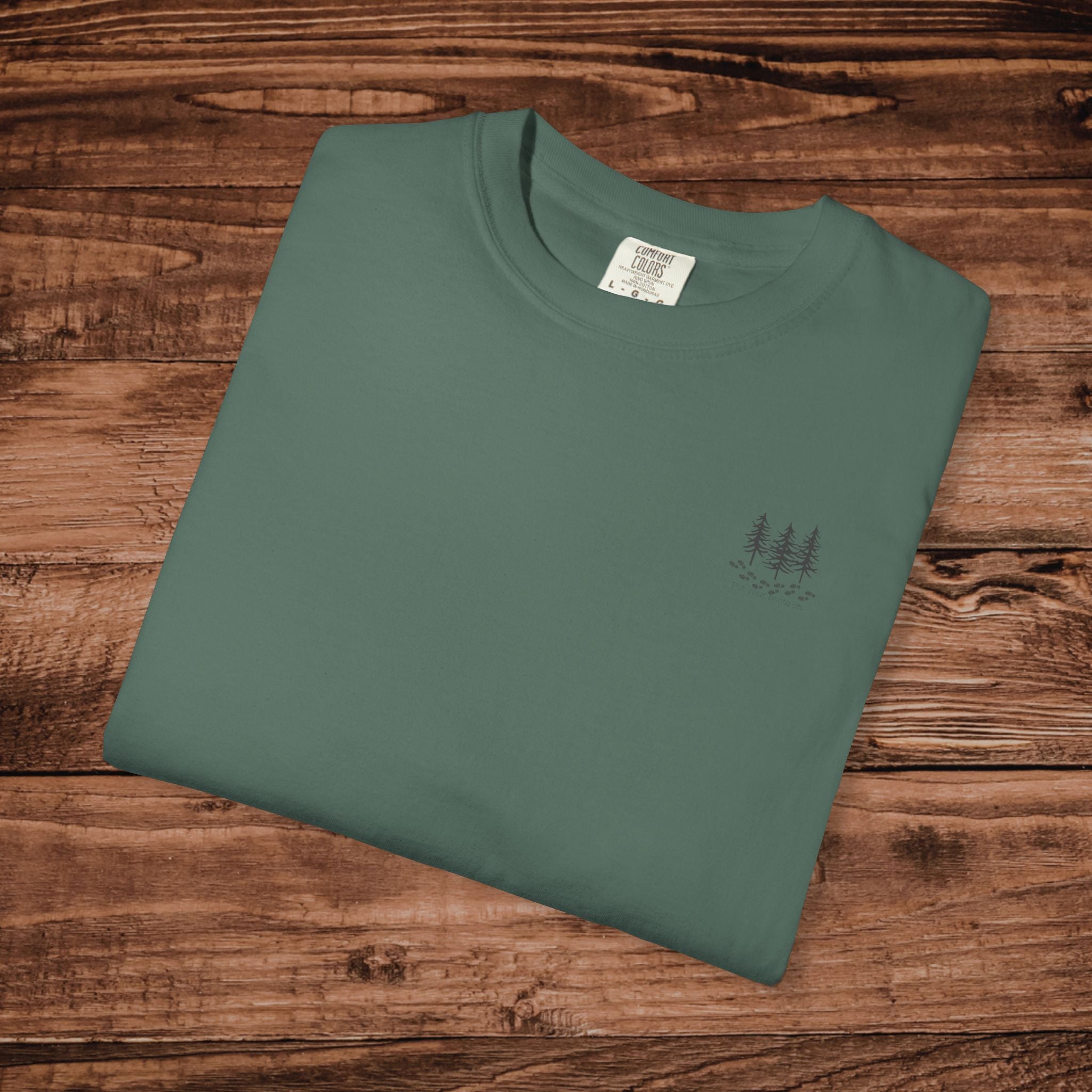 Put Your Boots On Hiking Trail Tee, Dual Graphic, Minimalist Mountain Sketch T-Shirt, Outdoorsy Gift for Hikers, Nature Lover Adventure Top