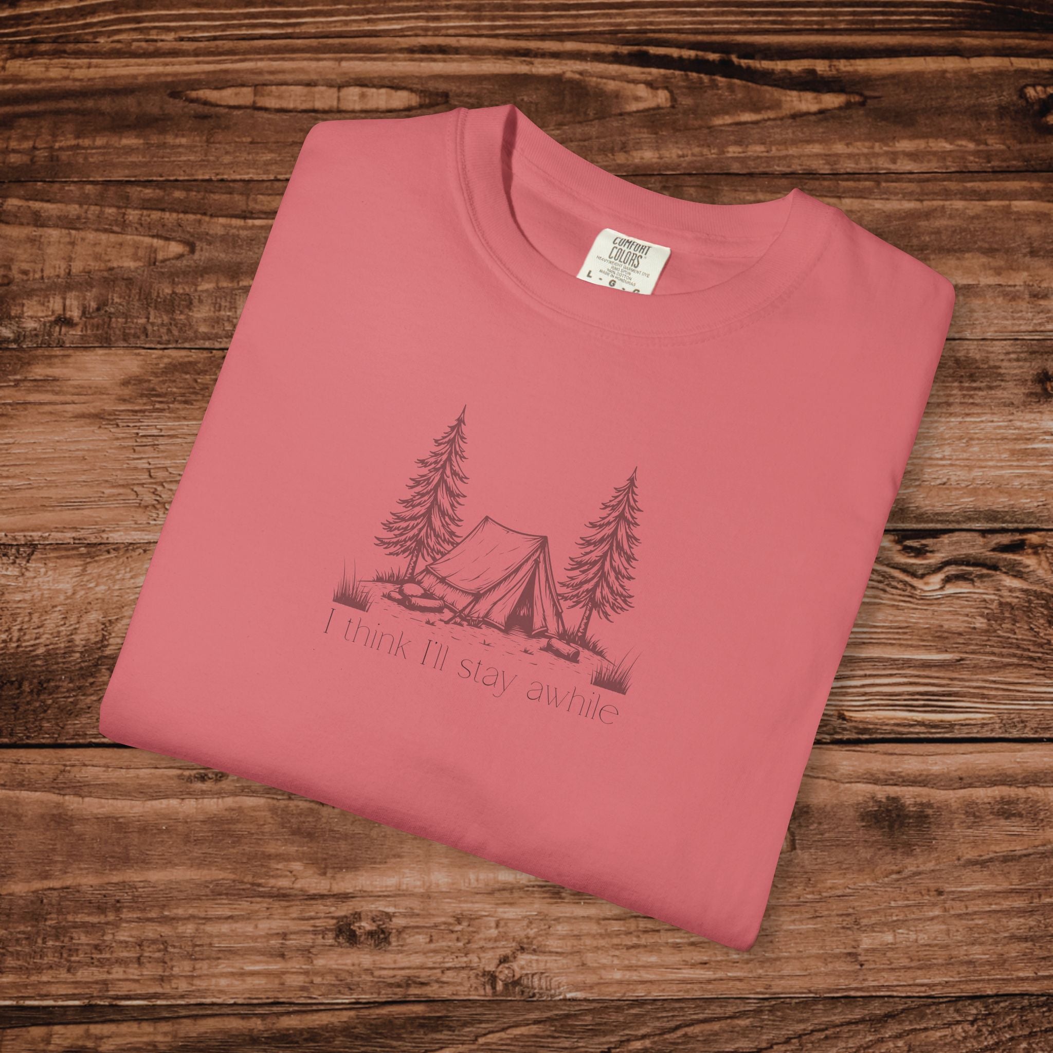 I think I'll stay for awhile, Soft Sketch Camping Tee, Minimal Camping Tent Illustration T-Shirt, Outdoors Tee, Nature Lover Scene Shirt