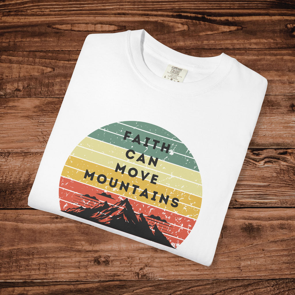 Faith Can Move Mountains tshirt Vintage Sunset Mountain Graphic 100% ring-spun US cotton
