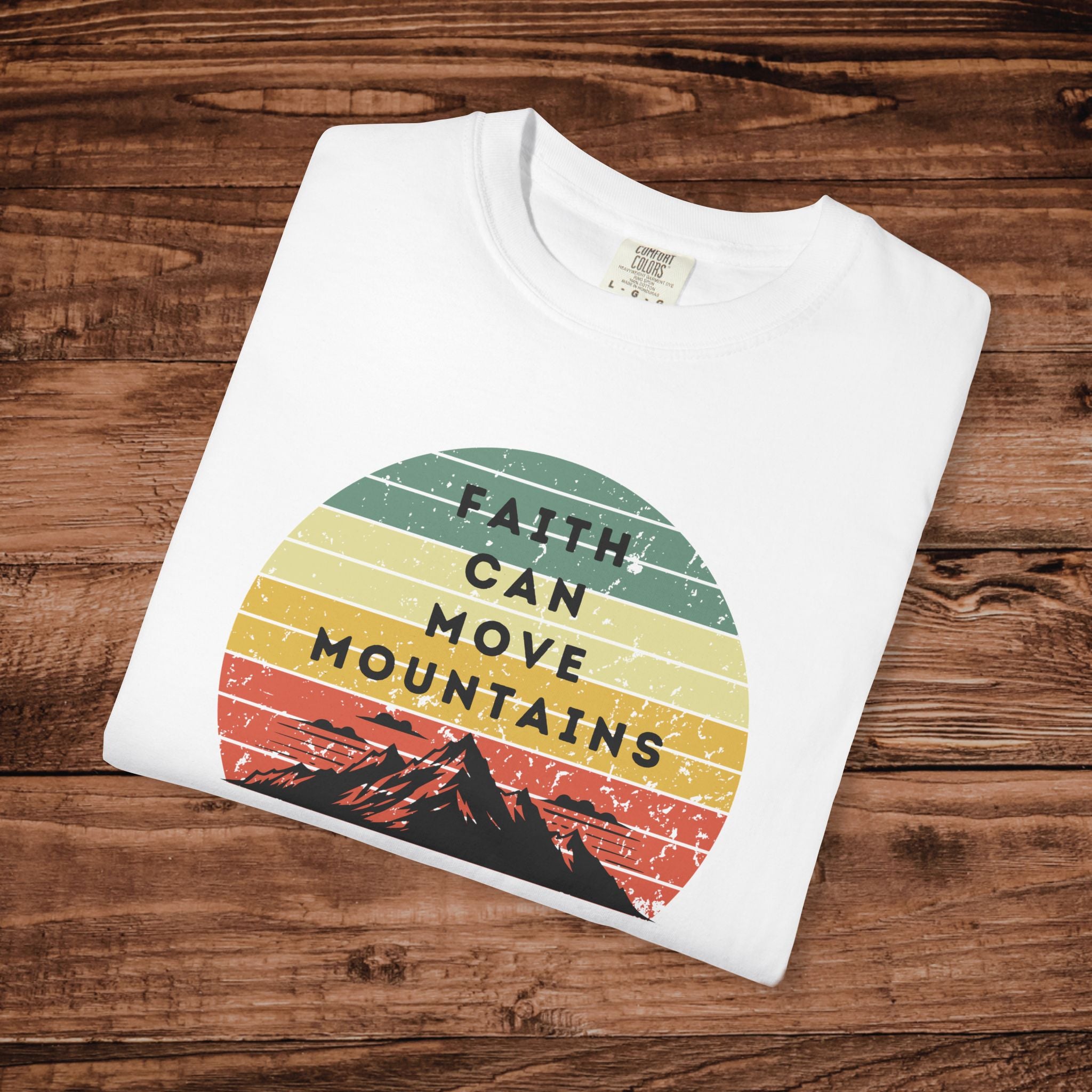 Faith Can Move Mountains tshirt Vintage Sunset Mountain Graphic 100% ring-spun US cotton