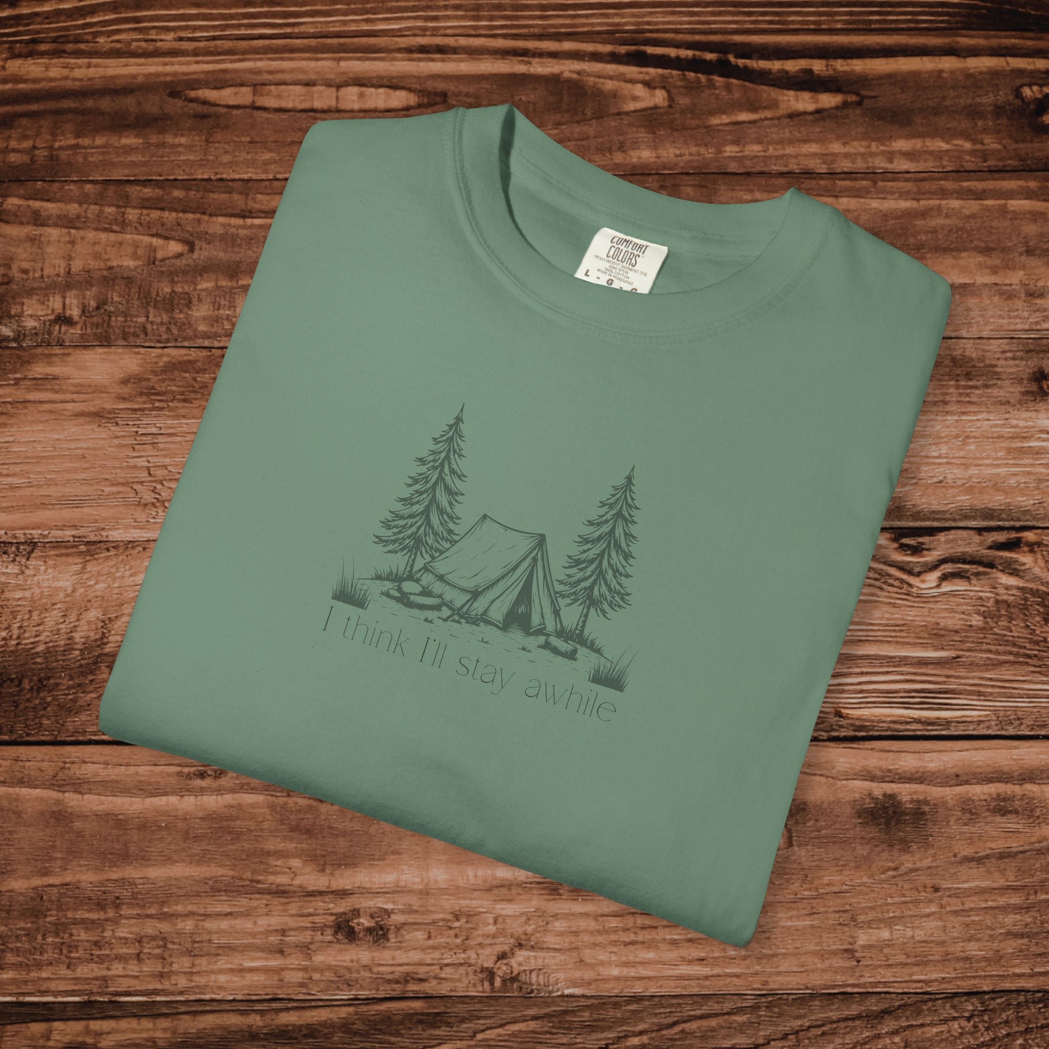 I think Ill stay for awhile, Soft Sketch Camping Tee, Minimal Camping Tent Illustration T-Shirt, Outdoors Tee, Nature Lover Scene Shirt