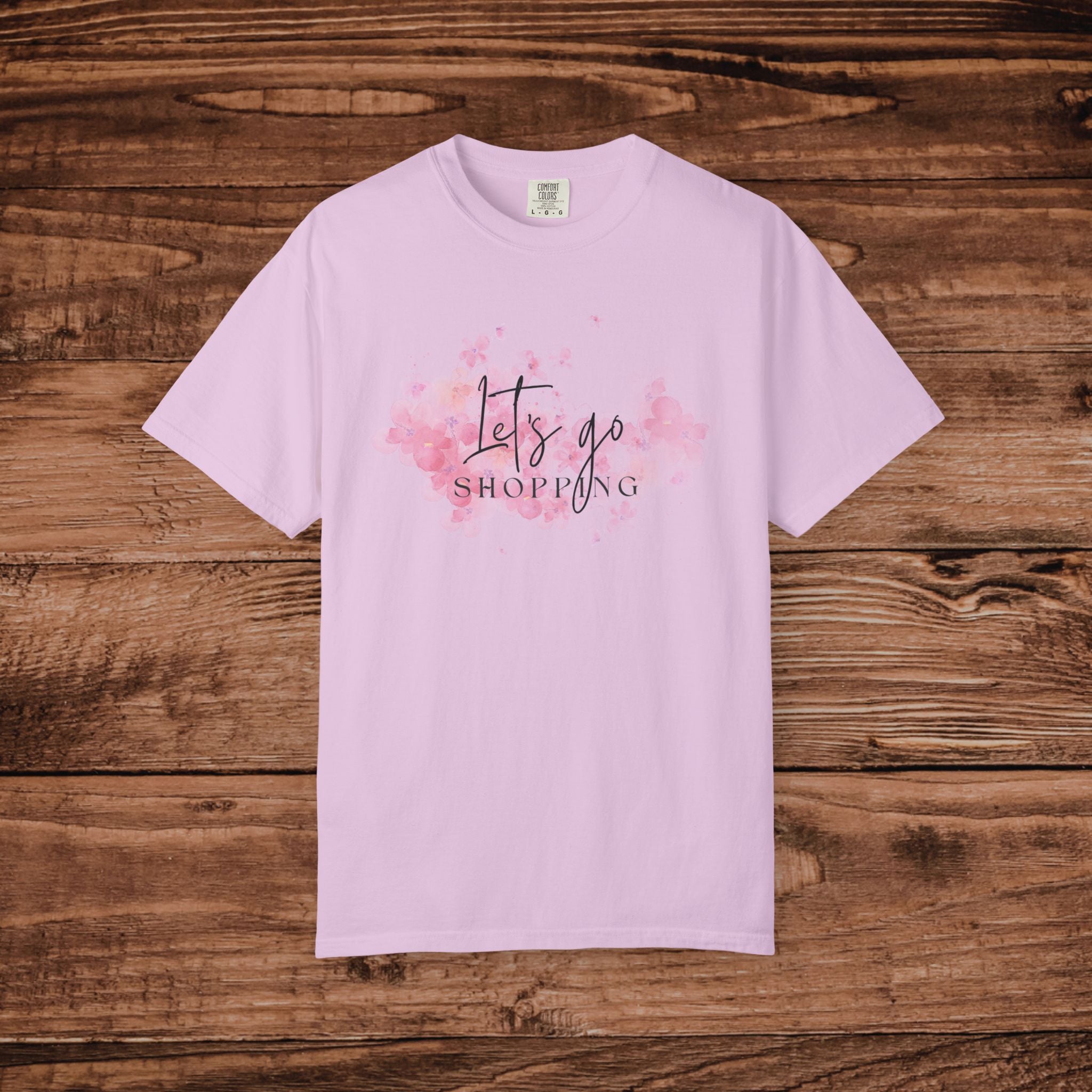 Lets Go Shopping T-shirt | Pink Watercolor Script Tee