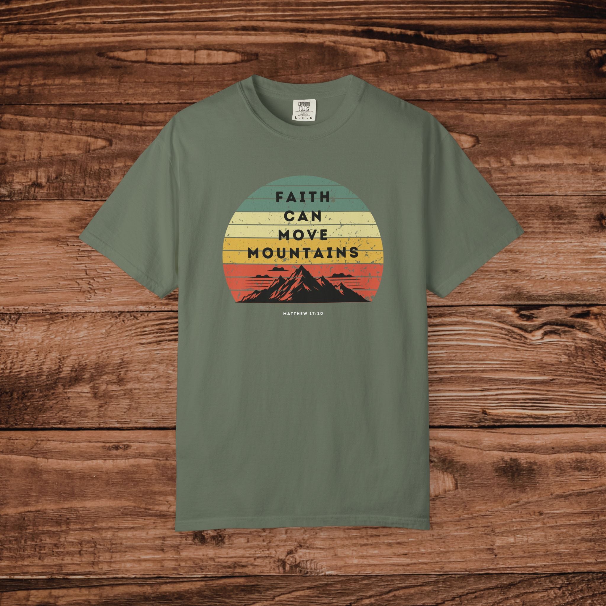 Faith Can Move Mountains tshirt Vintage Sunset Mountain Graphic 100% ring-spun US cotton