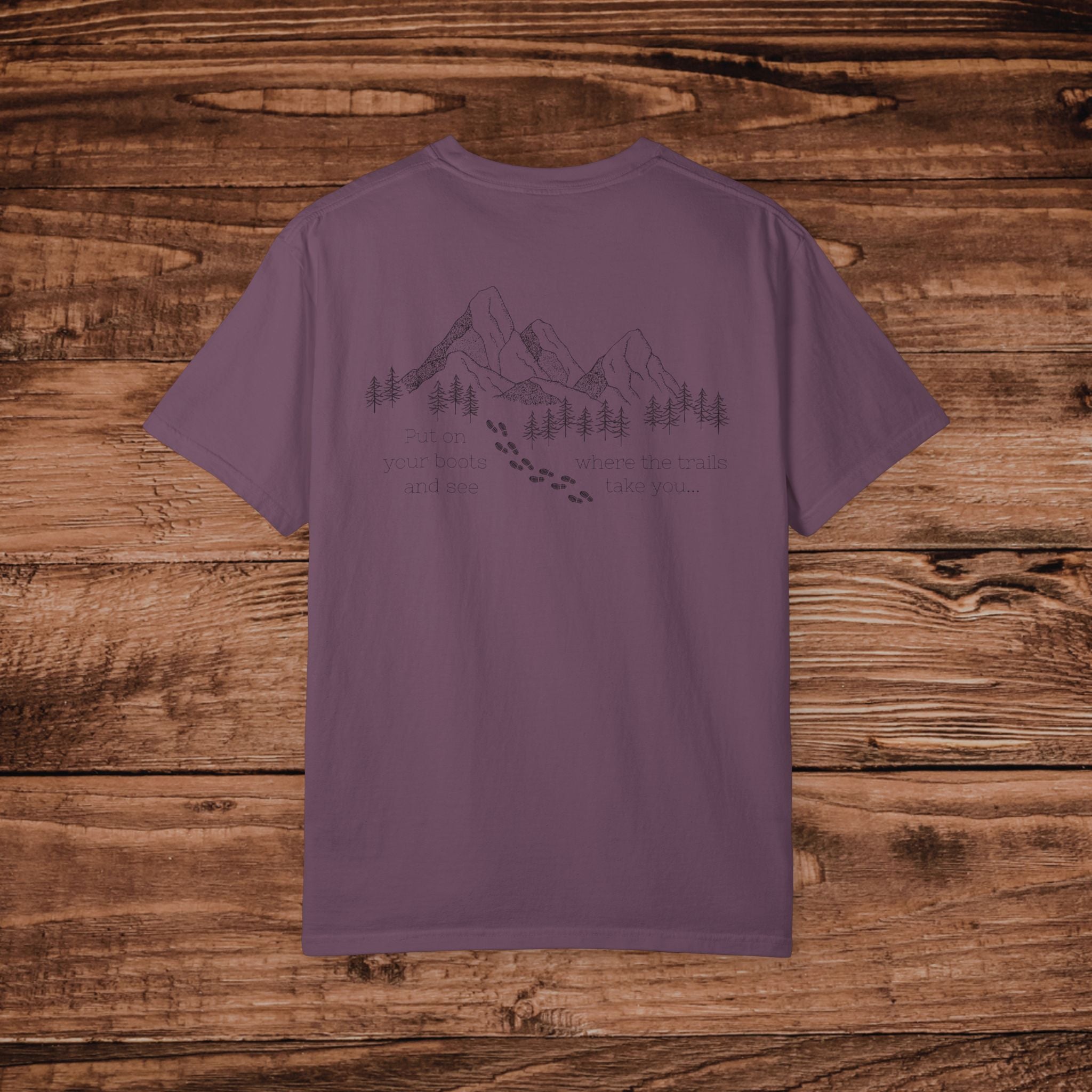 Put Your Boots On Hiking Trail Tee, Dual Graphic, Minimalist Mountain Sketch T-Shirt, Outdoorsy Gift for Hikers, Nature Lover Adventure Top