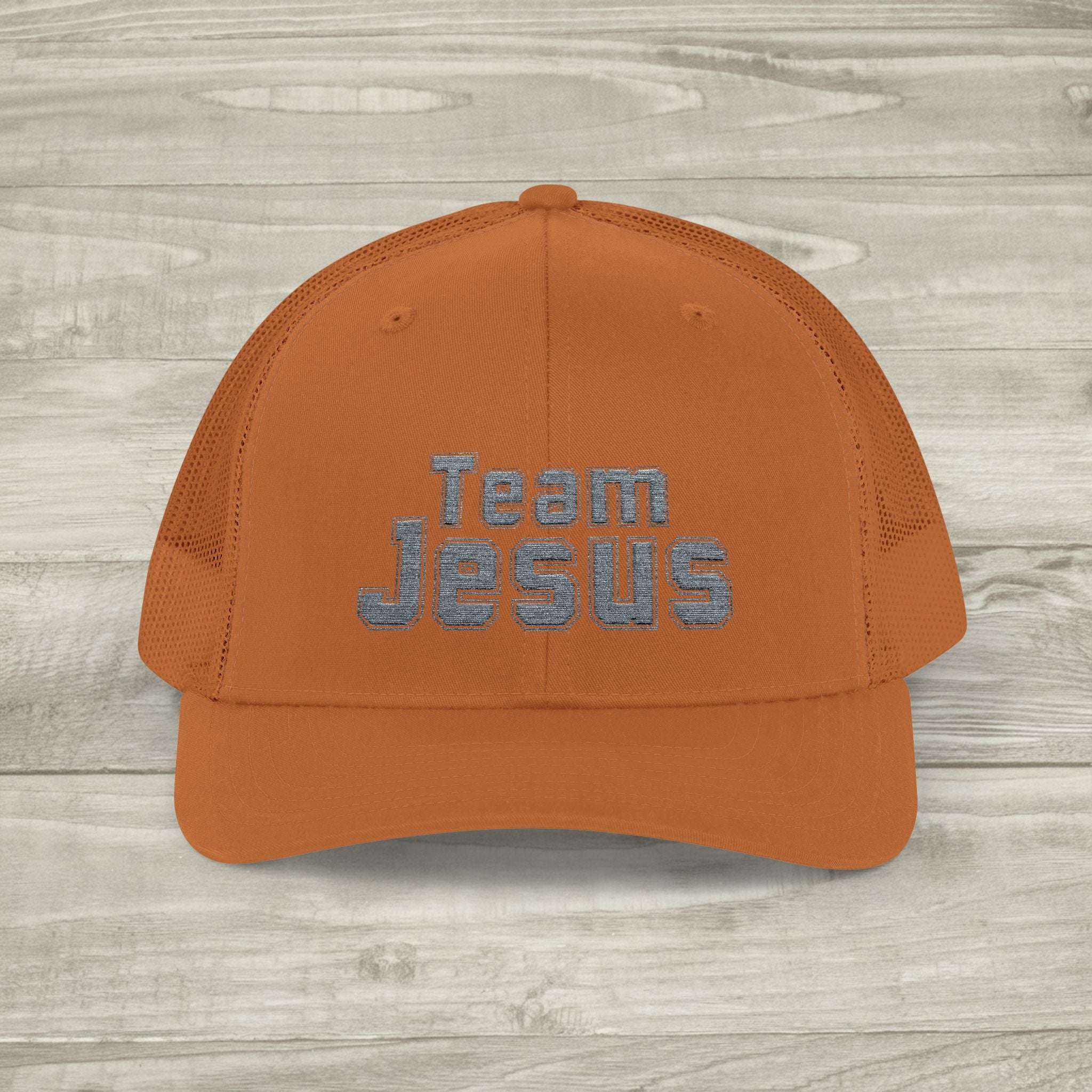 Embroidered Team Jesus Trucker Snapback Hat available in 18 colors