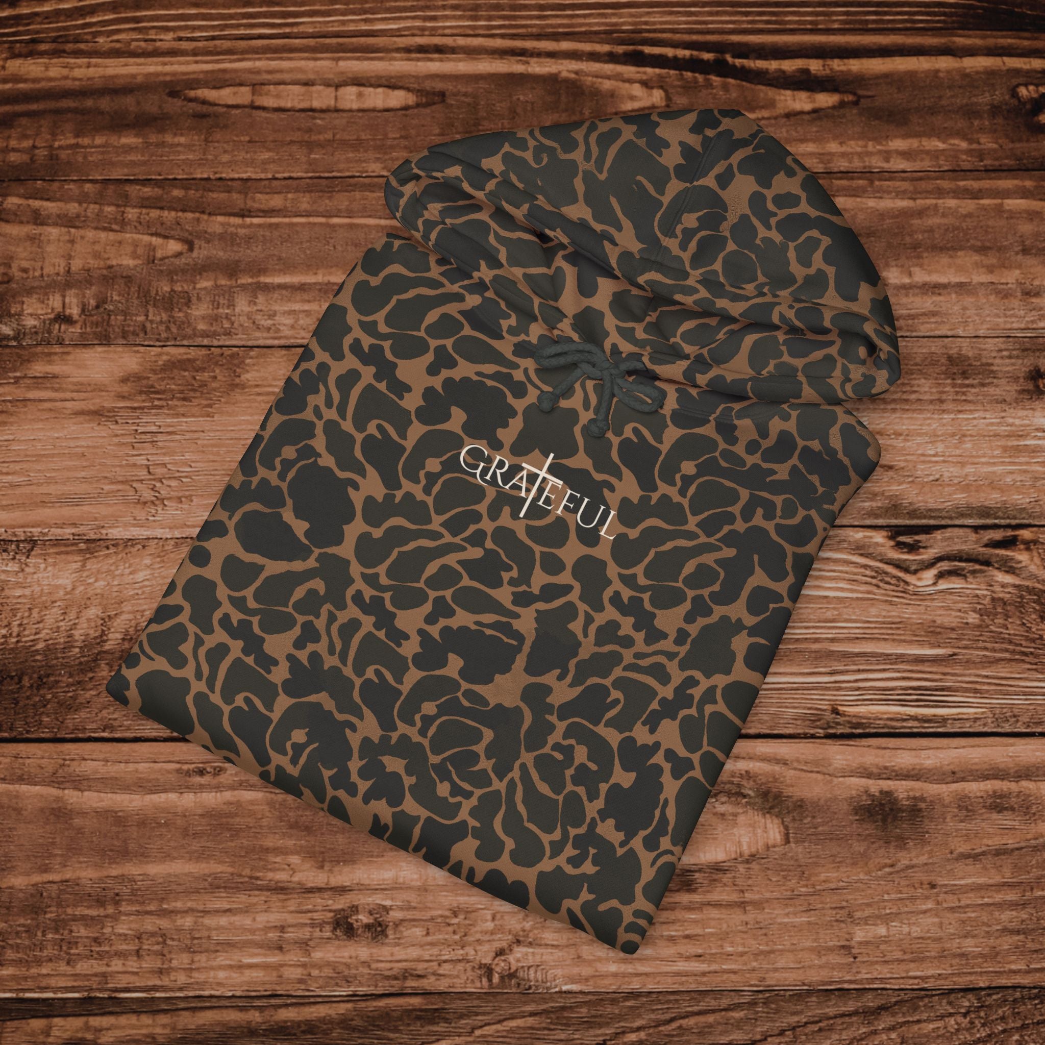 Embroidered Grateful Camo Hoodie, Christian Cross Sweatshirt, Premium Heavyweight Faith Pullover, Outdoorsmen, Aesthetic Camouflage Hoodie
