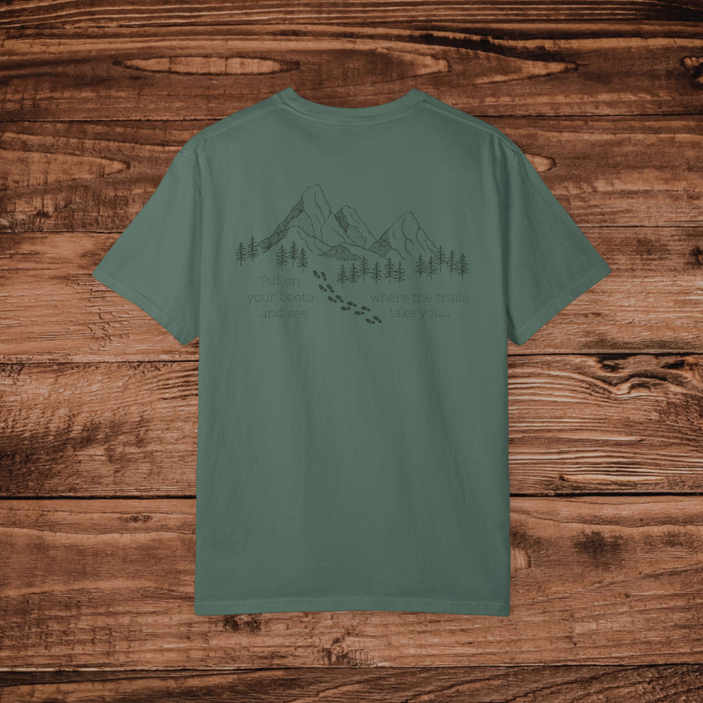 Put Your Boots On Hiking Trail Tee, Dual Graphic, Minimalist Mountain Sketch T-Shirt, Outdoorsy Gift for Hikers, Nature Lover Adventure Top