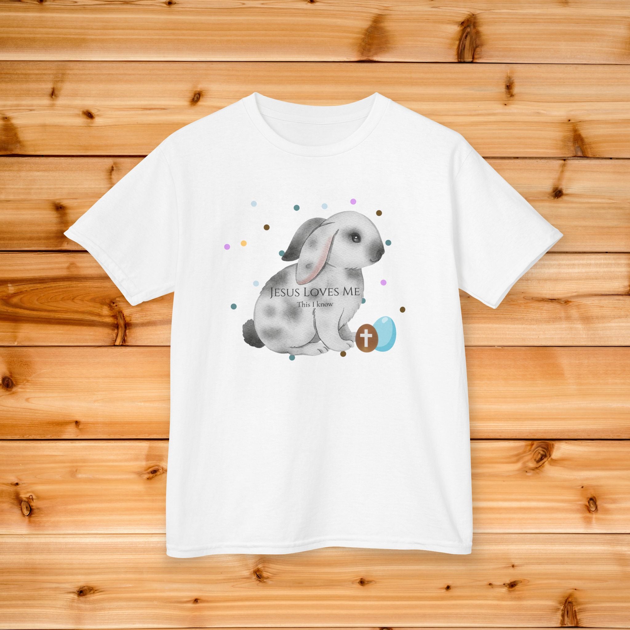 Gray Bunny with Cross Egg Kids Tee | Easter Christian Bunny Shirt