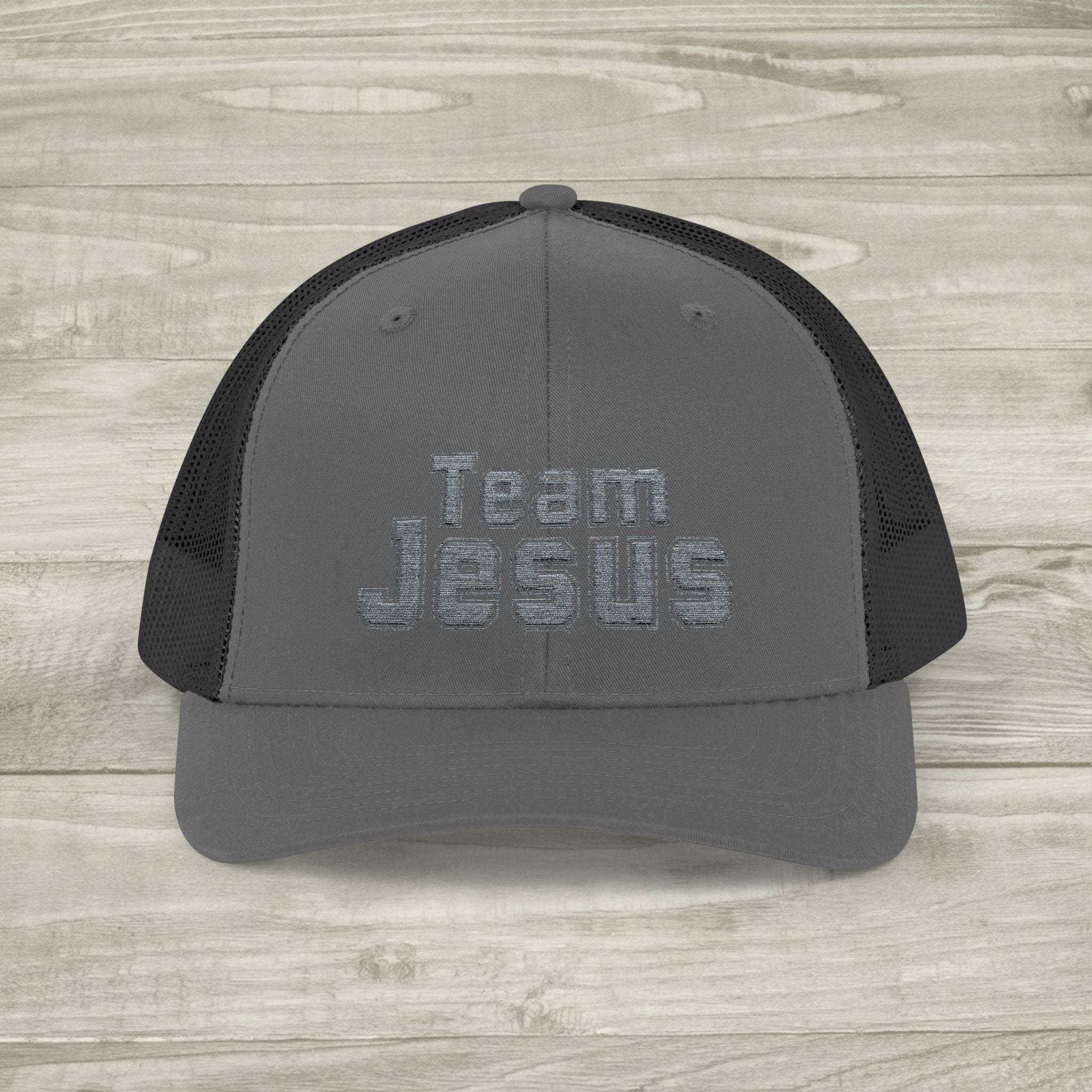 Embroidered Team Jesus Trucker Snapback Hat available in 18 colors