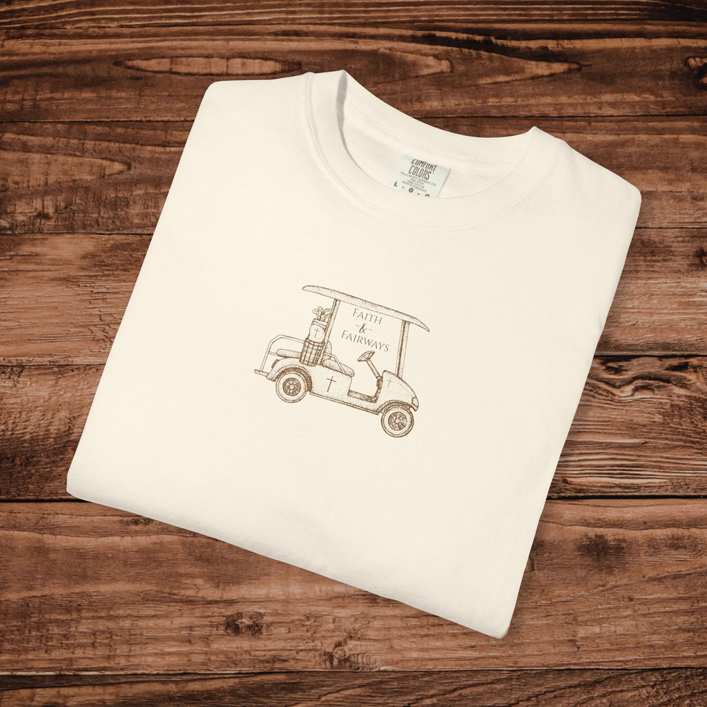Faith and Fairways Vintage Golf Cart T-Shirt | Minimal Line Art, Country Club Tee