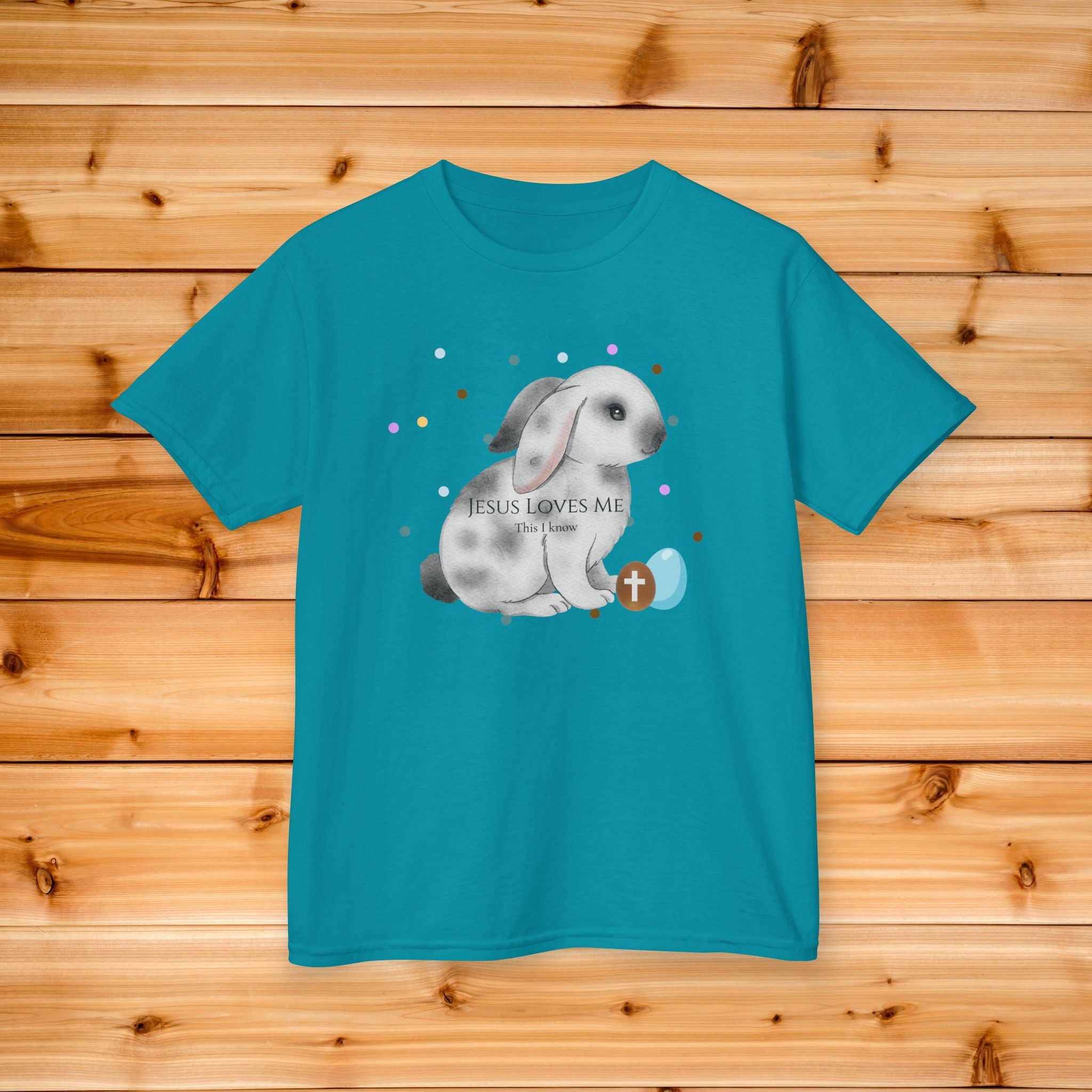 Gray Bunny with Cross Egg Kids Tee | Easter Christian Bunny Shirt