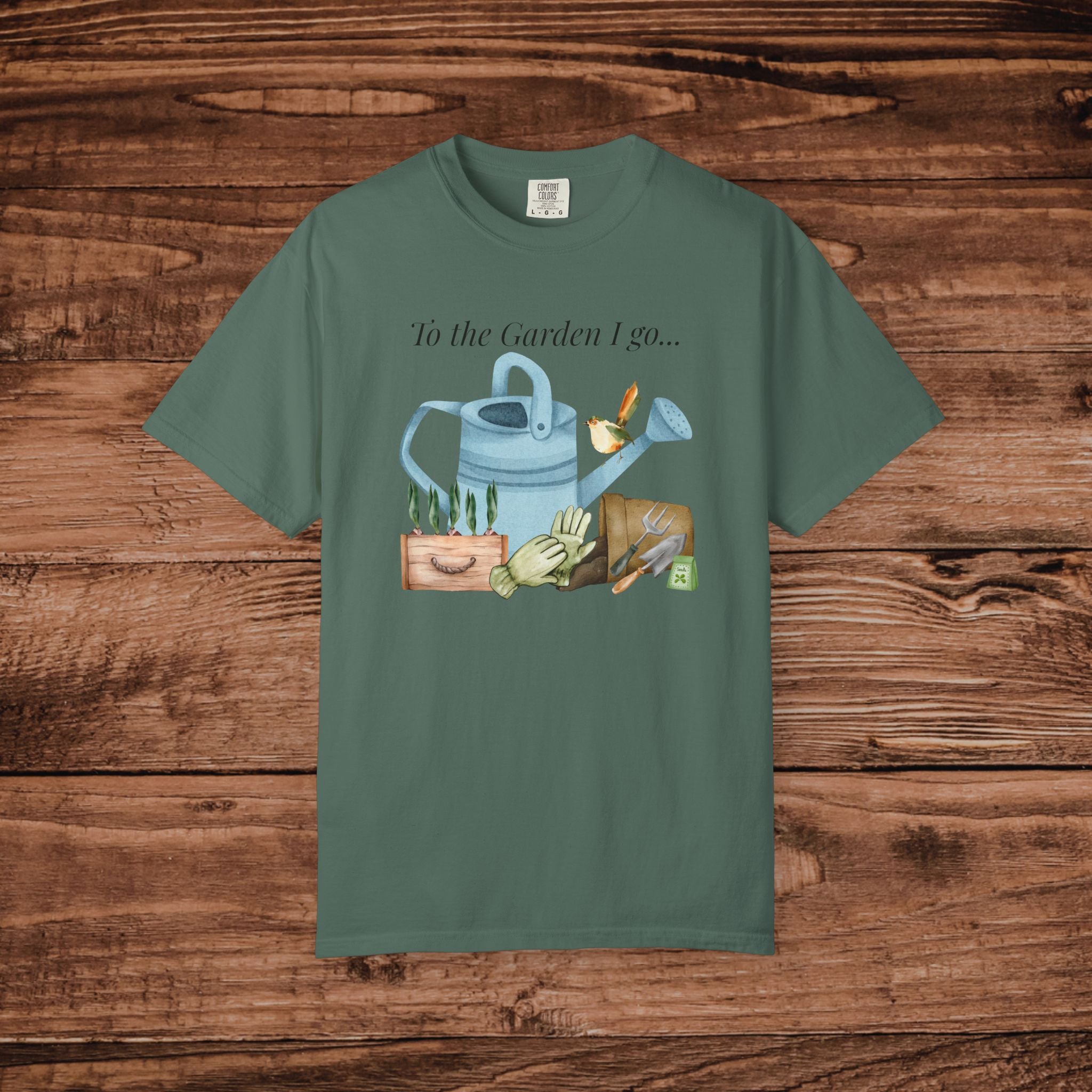To the Garden I Go watering can illustration T-Shirt | Gardening tee
