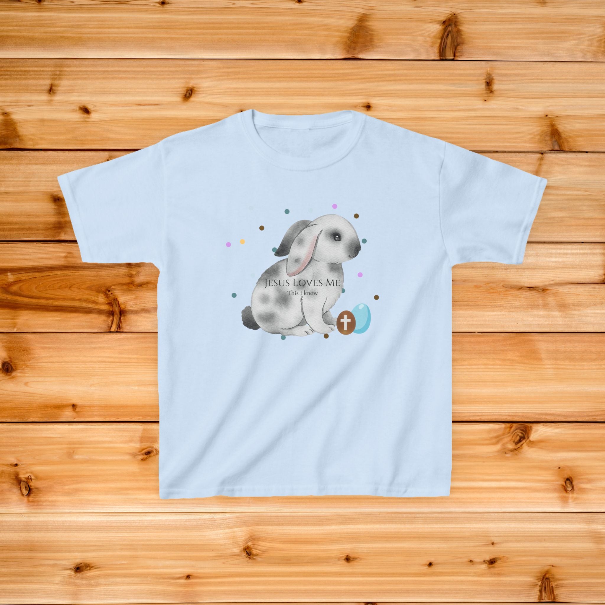 Gray Bunny with Cross Egg Kids Tee | Easter Christian Bunny Shirt