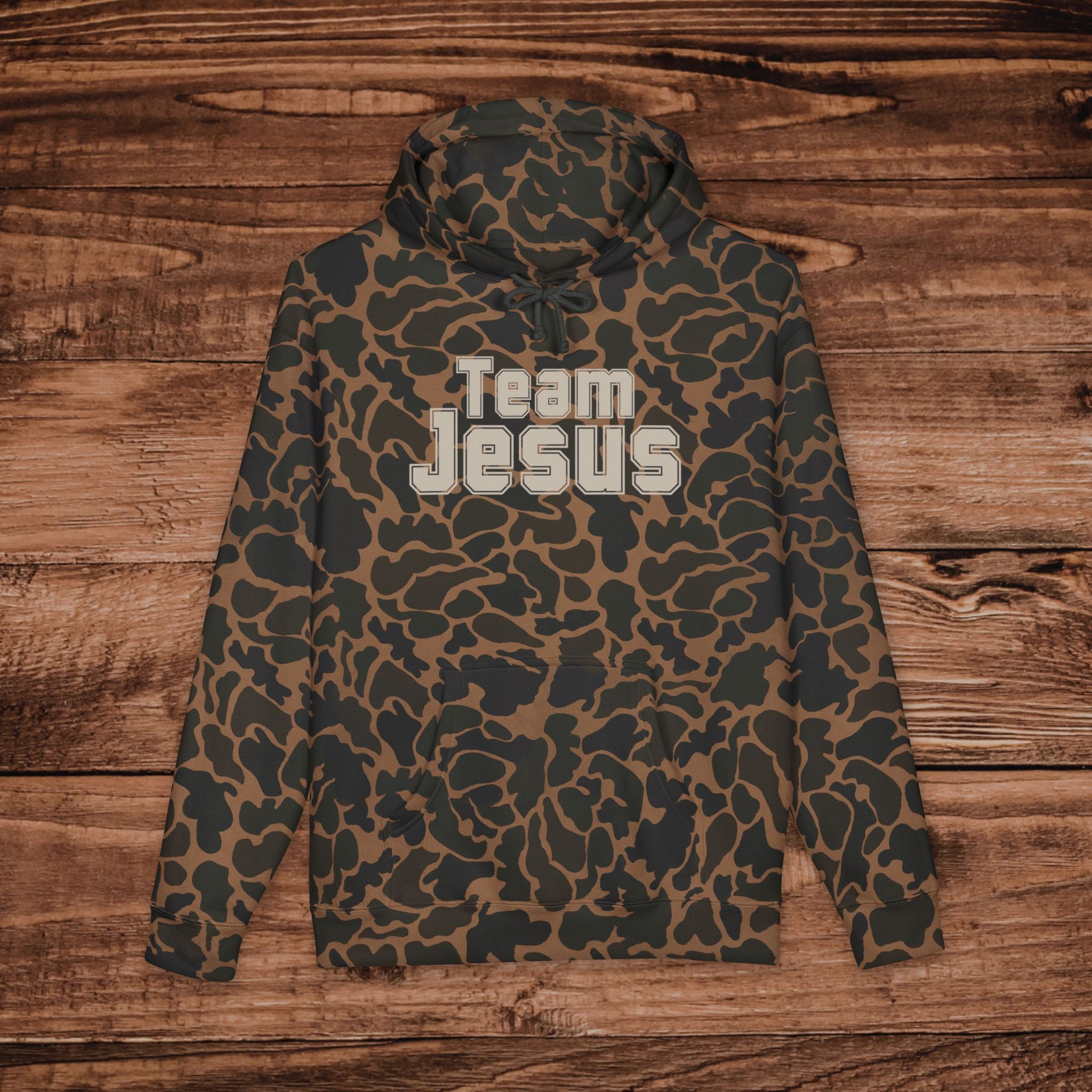 Embroidered Team Jesus Camo Hoodie, Large Print Jesus Sweatshirt, Premium Heavyweight Pullover, Aesthetic Camouflage Gospel Hoodie