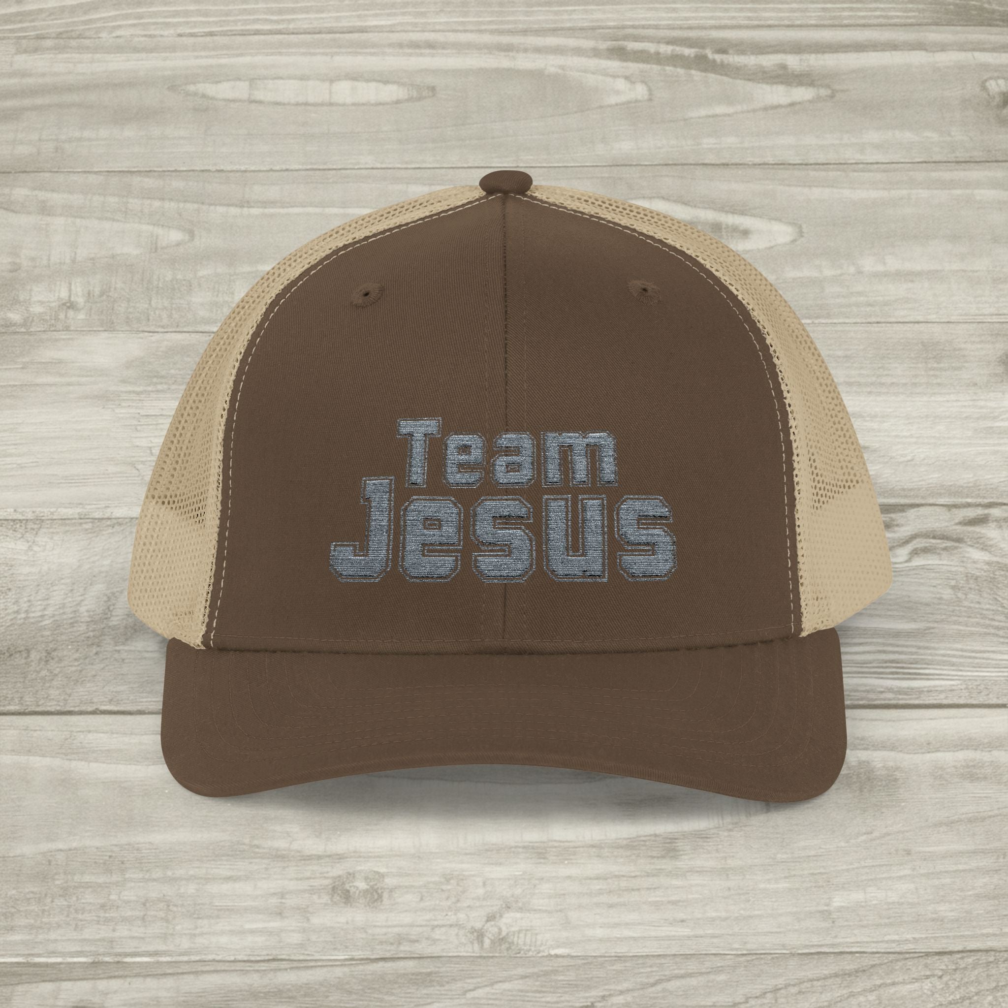 Embroidered Team Jesus Trucker Snapback Hat available in 18 colors
