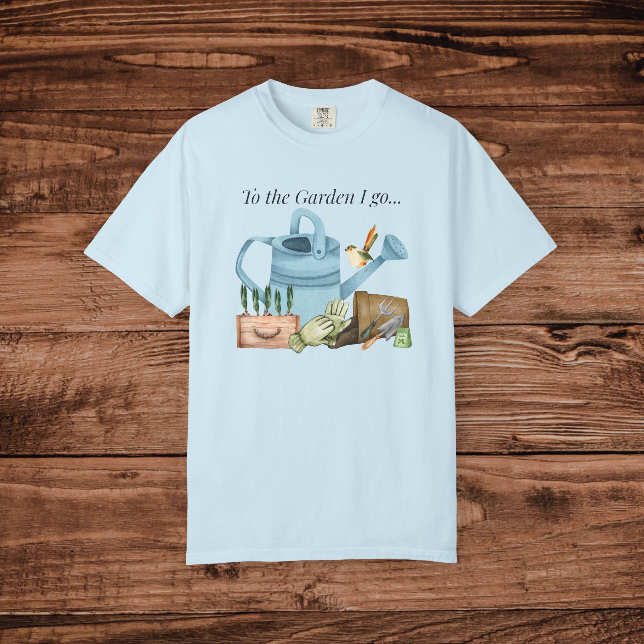 To the Garden I Go watering can illustration T-Shirt | Gardening tee