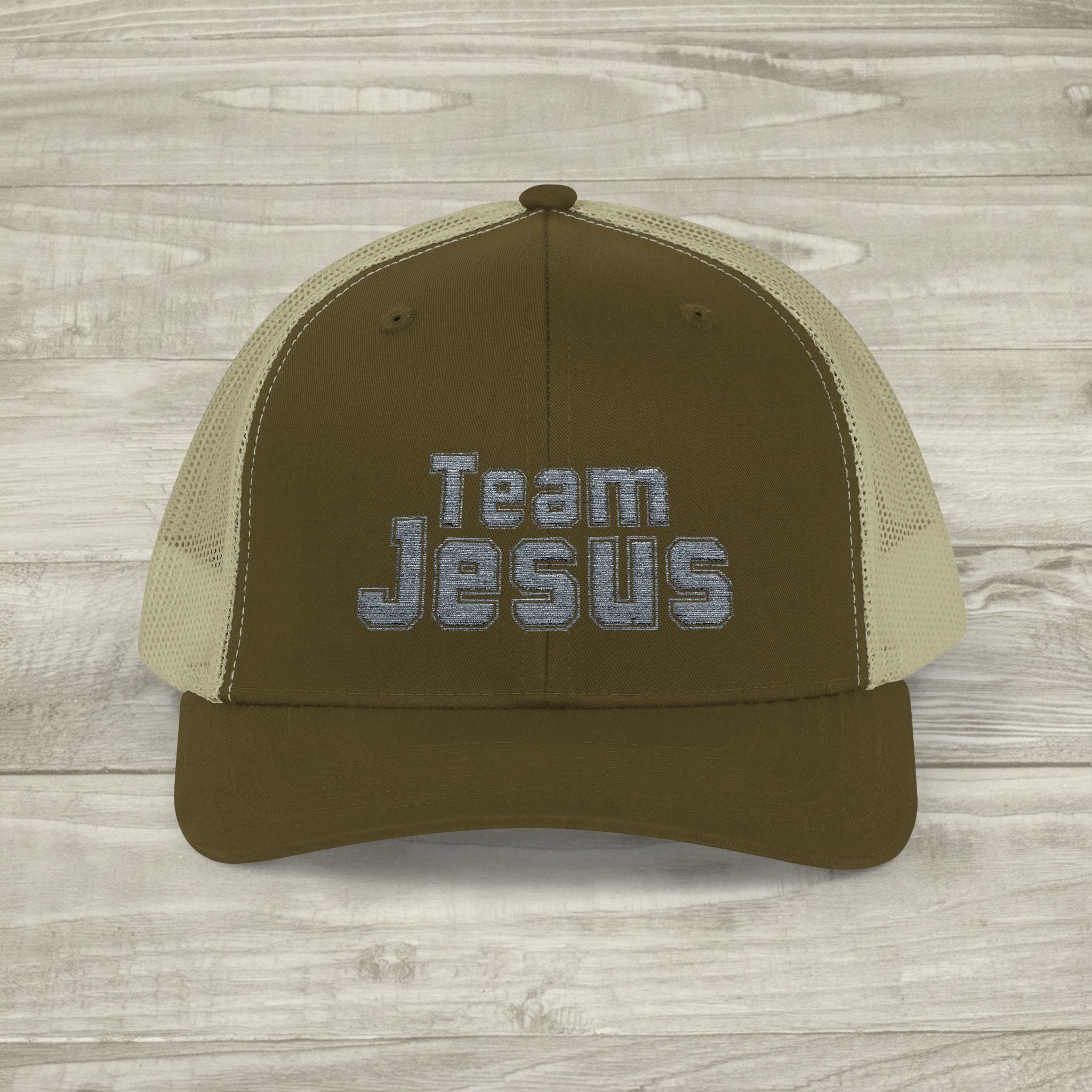 Embroidered Team Jesus Trucker Snapback Hat available in 18 colors
