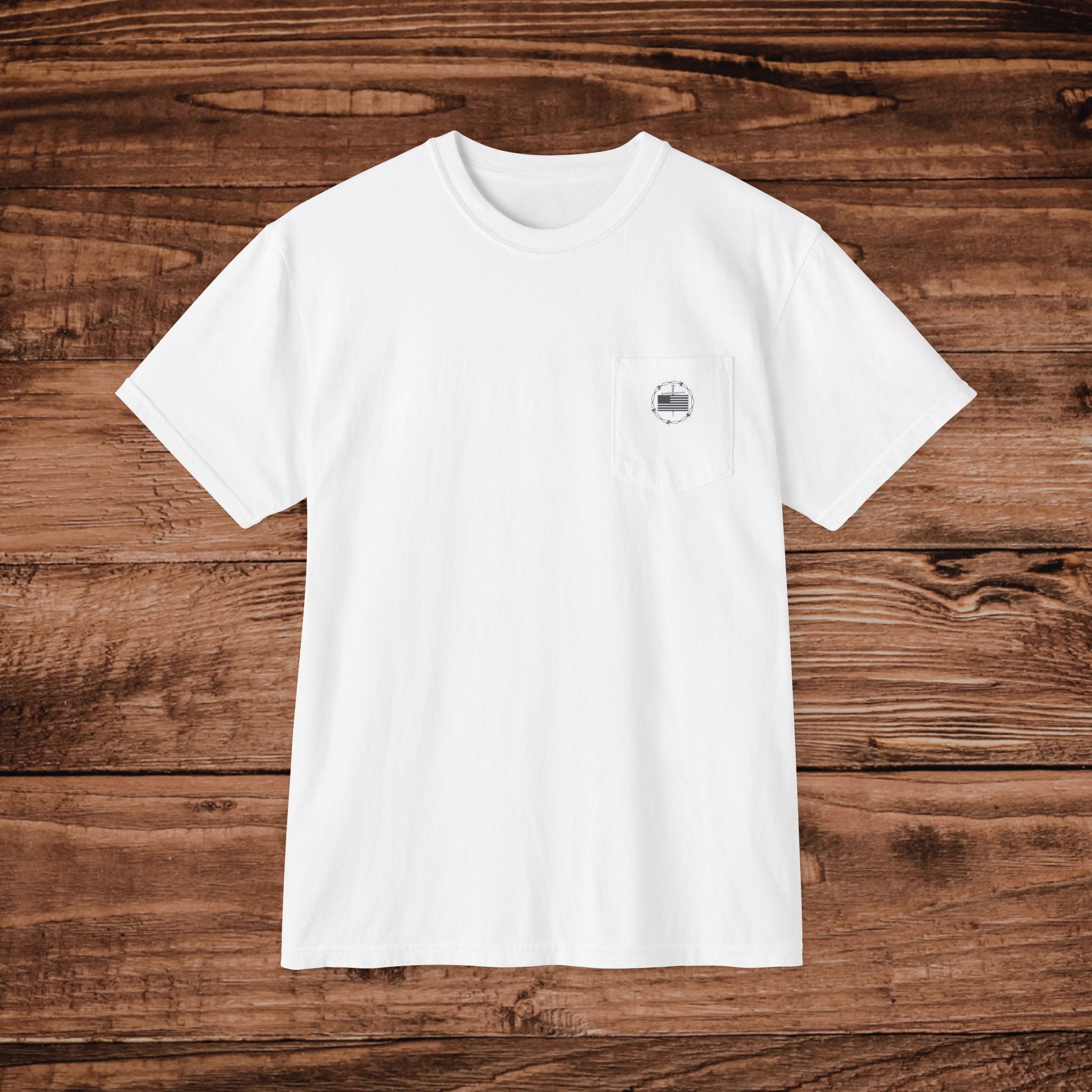 Barbed Wire Flag Pocket T-Shirt | God Bless Our Troops graphic tee