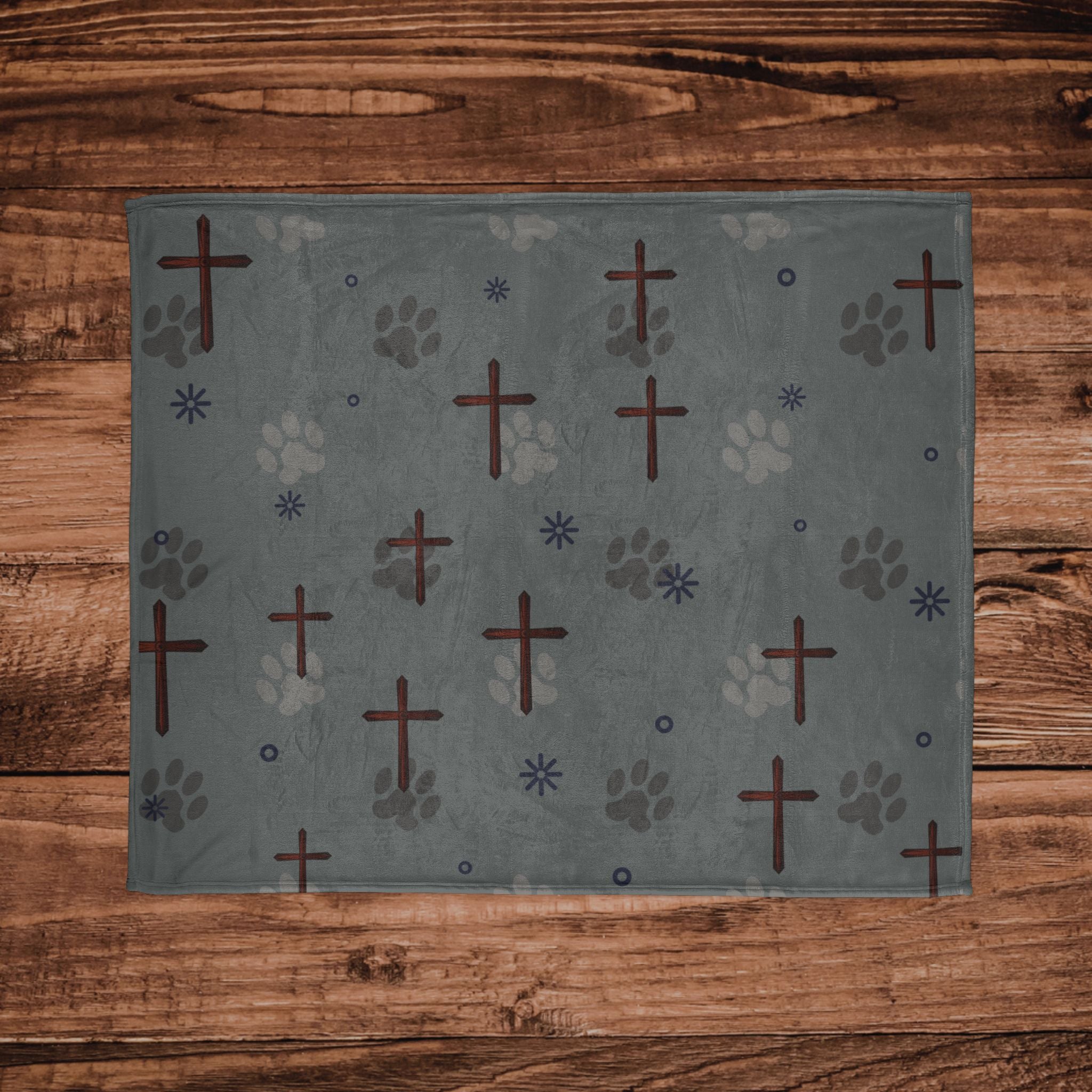 Cross and Paw Print Christian Throw Blanket Dark Gray