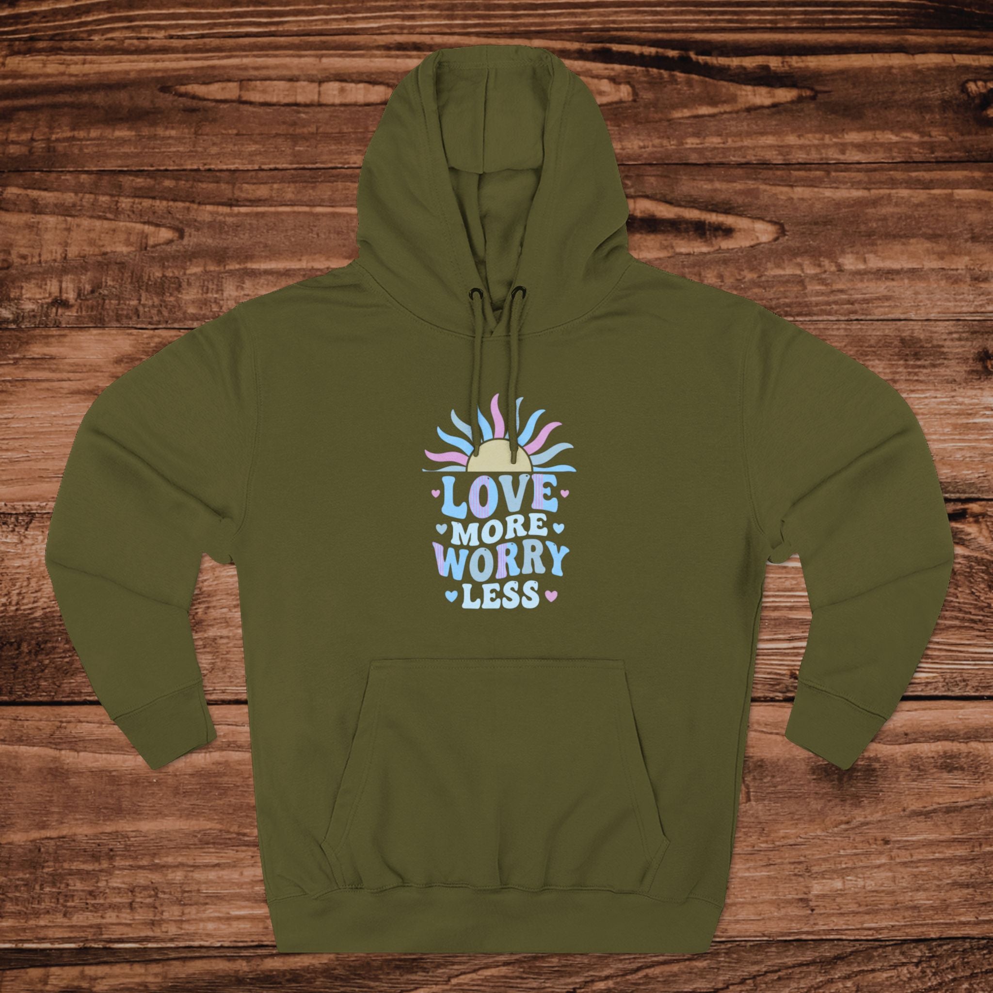 Love More Worry Less Hoodie | Pastel Sunburst Motivational Sweatshirt