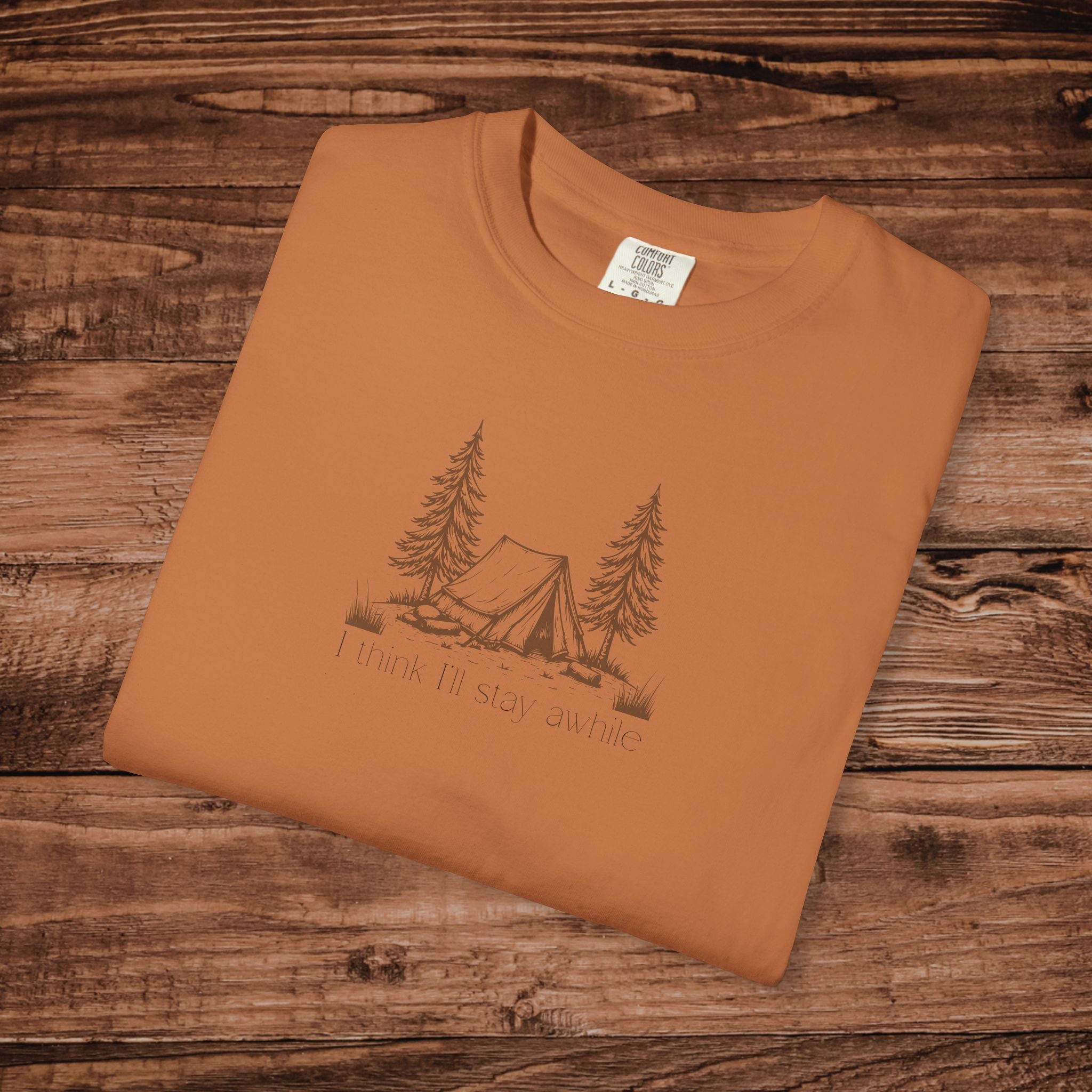 I think Ill stay for awhile, Soft Sketch Camping Tee, Minimal Camping Tent Illustration T-Shirt, Outdoors Tee, Nature Lover Scene Shirt