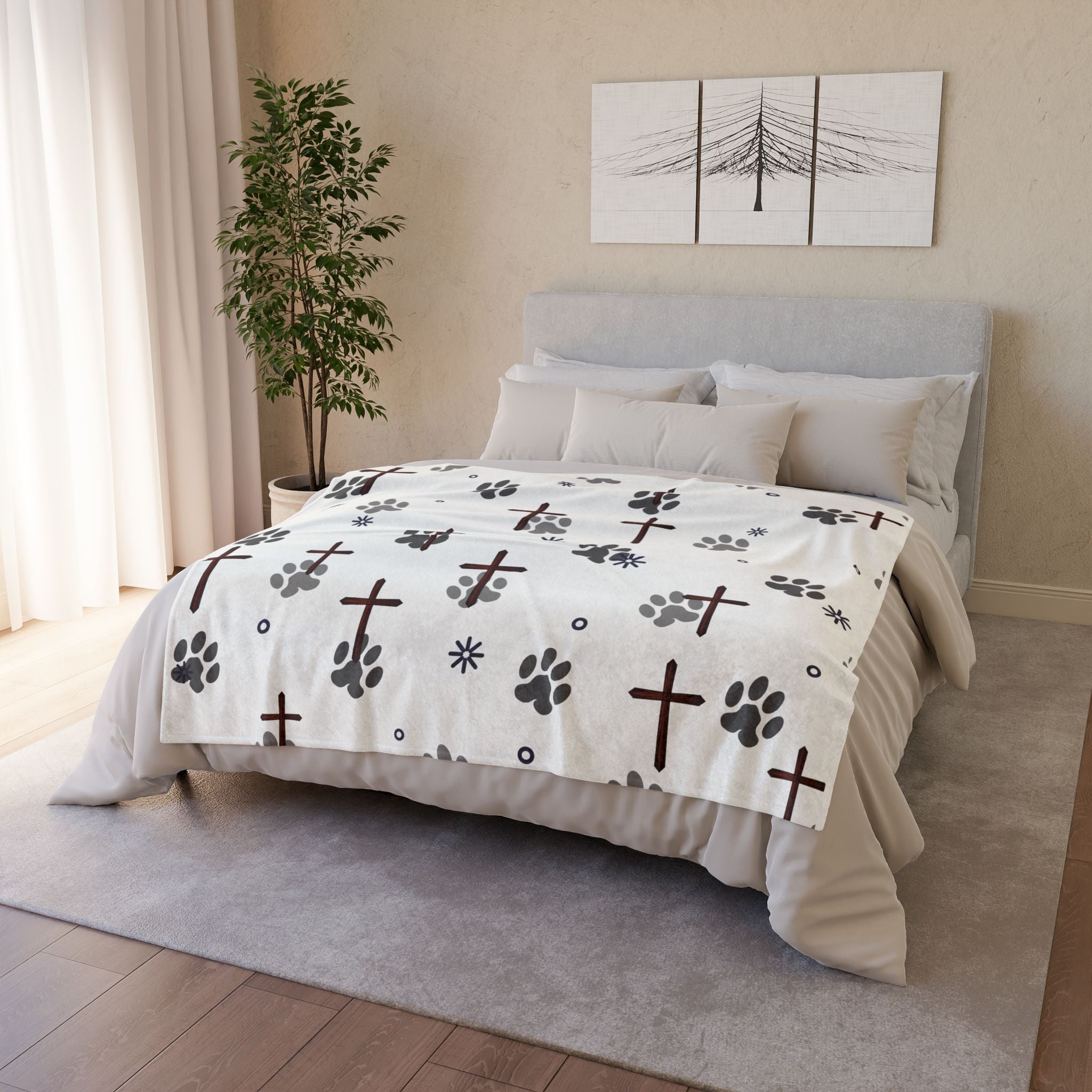 Cross and Paw Print Christian Throw Blanket White