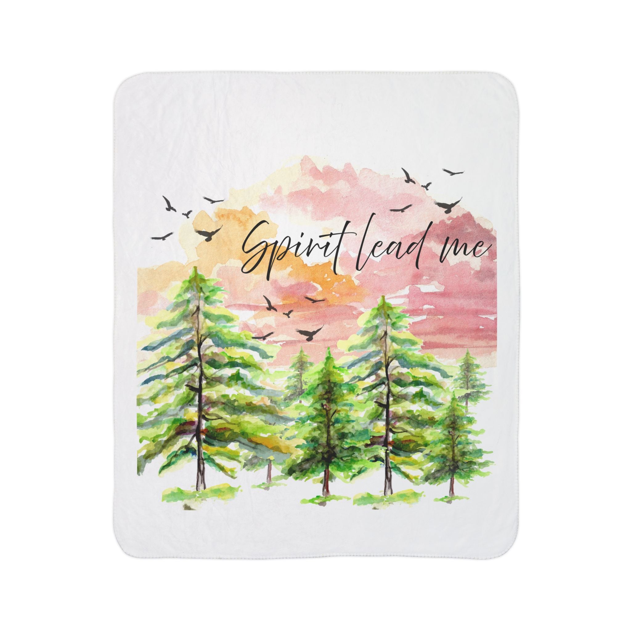 Spirit Lead Me Fleece Sherpa Blanket | Watercolor Pines, Birds, Sunset