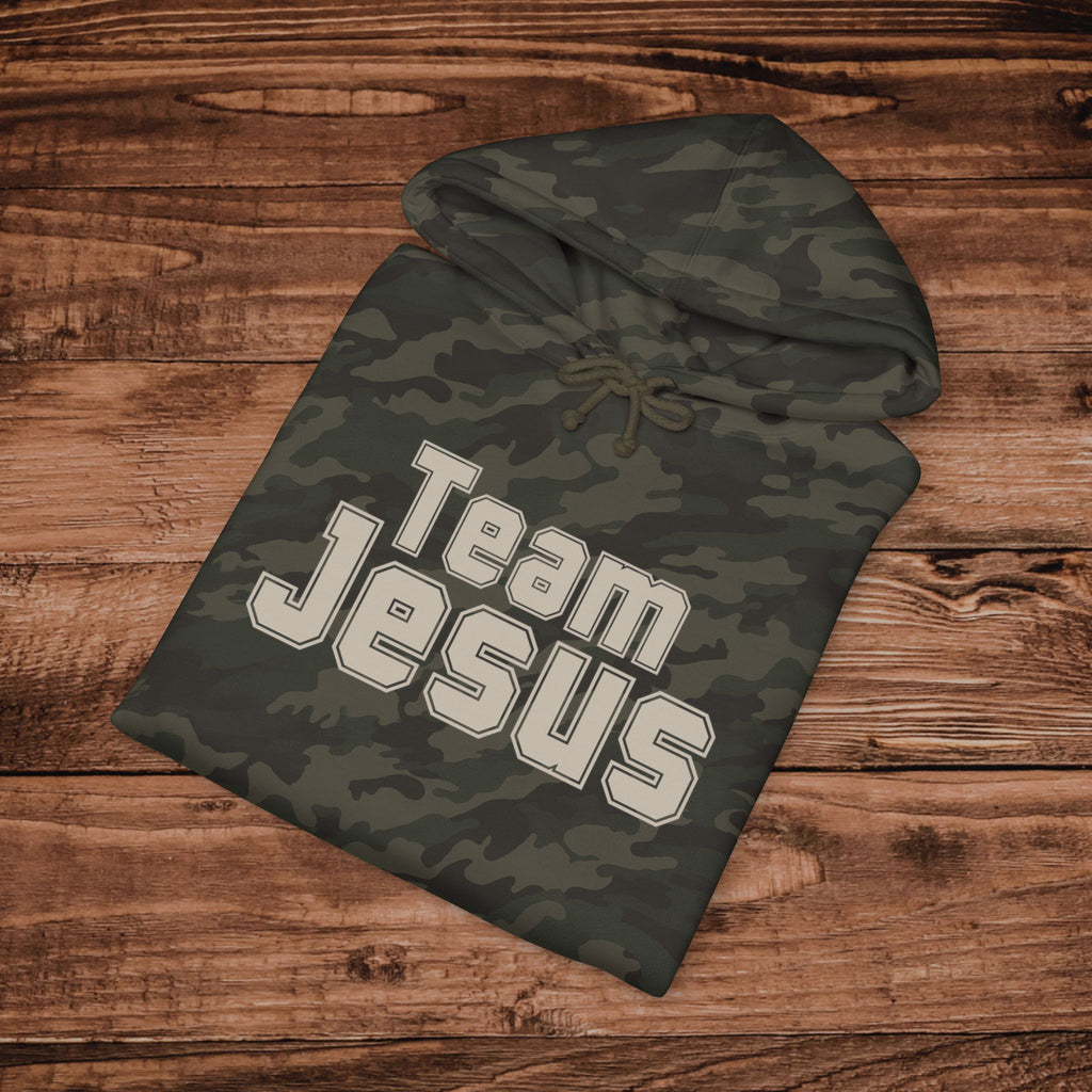 Embroidered Team Jesus Camo Hoodie, Large Print Jesus Sweatshirt, Premium Heavyweight Pullover, Aesthetic Camouflage Gospel Hoodie