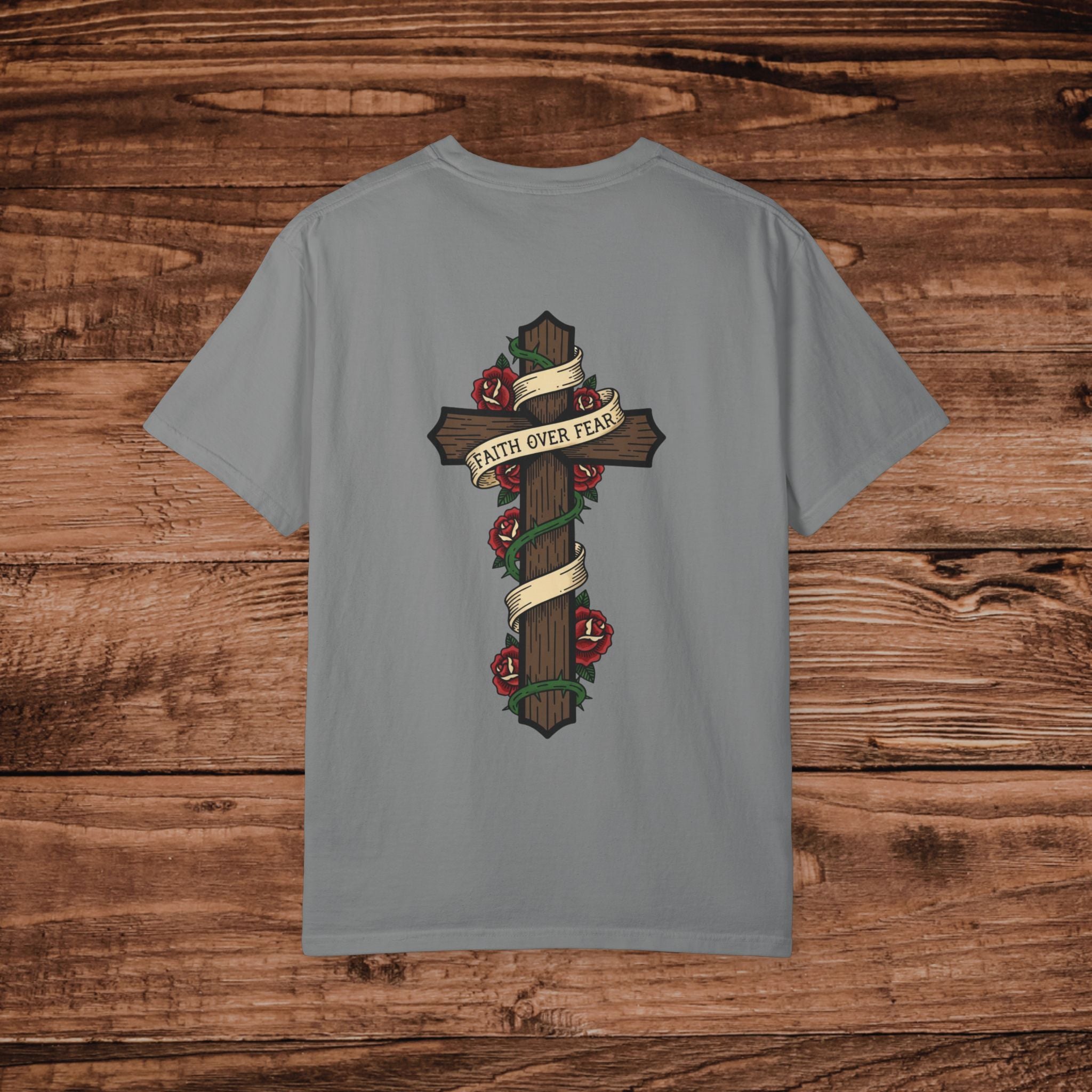 Faith Over Fear Cross T-shirt | Rose and Banner Design
