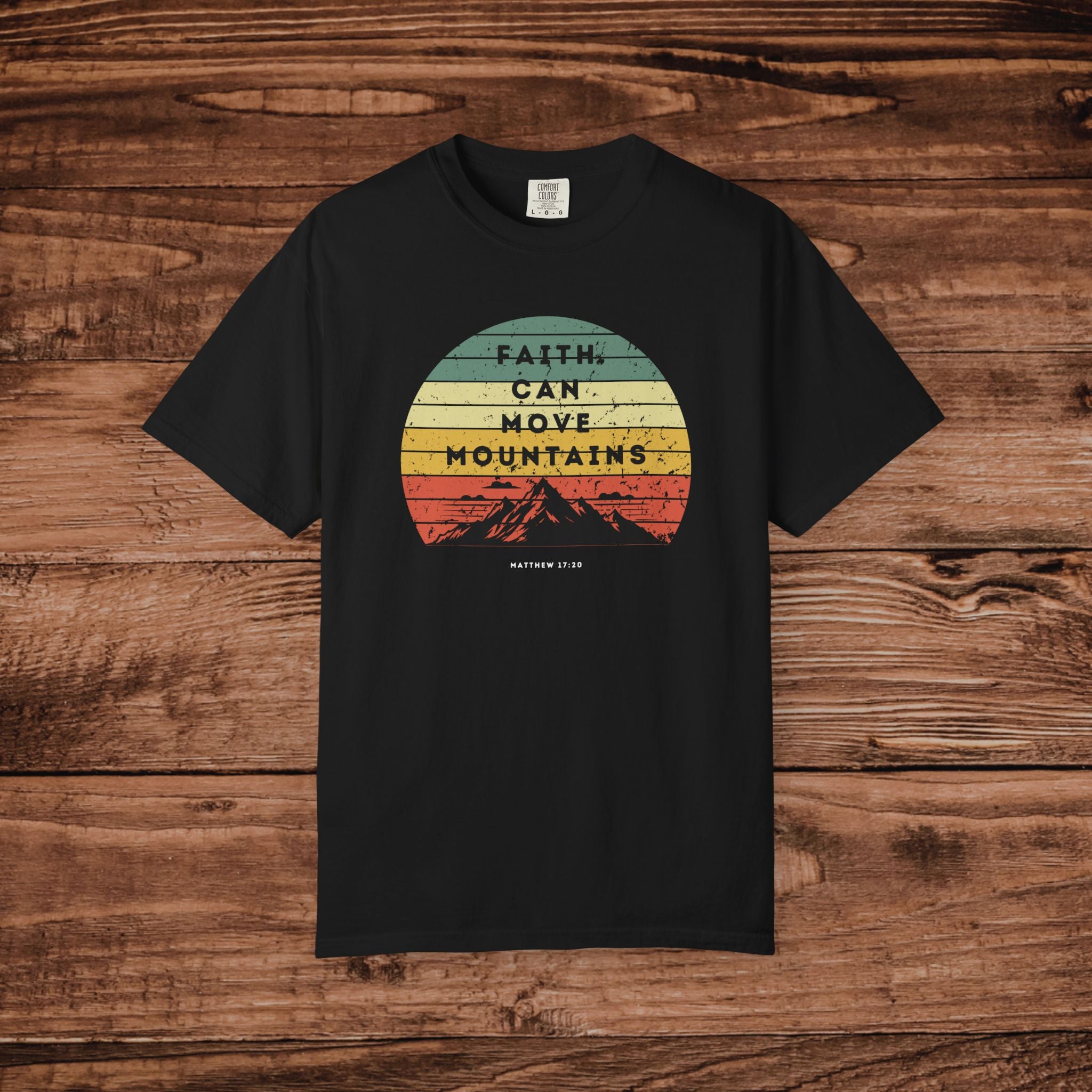 Faith Can Move Mountains tshirt Vintage Sunset Mountain Graphic 100% ring-spun US cotton